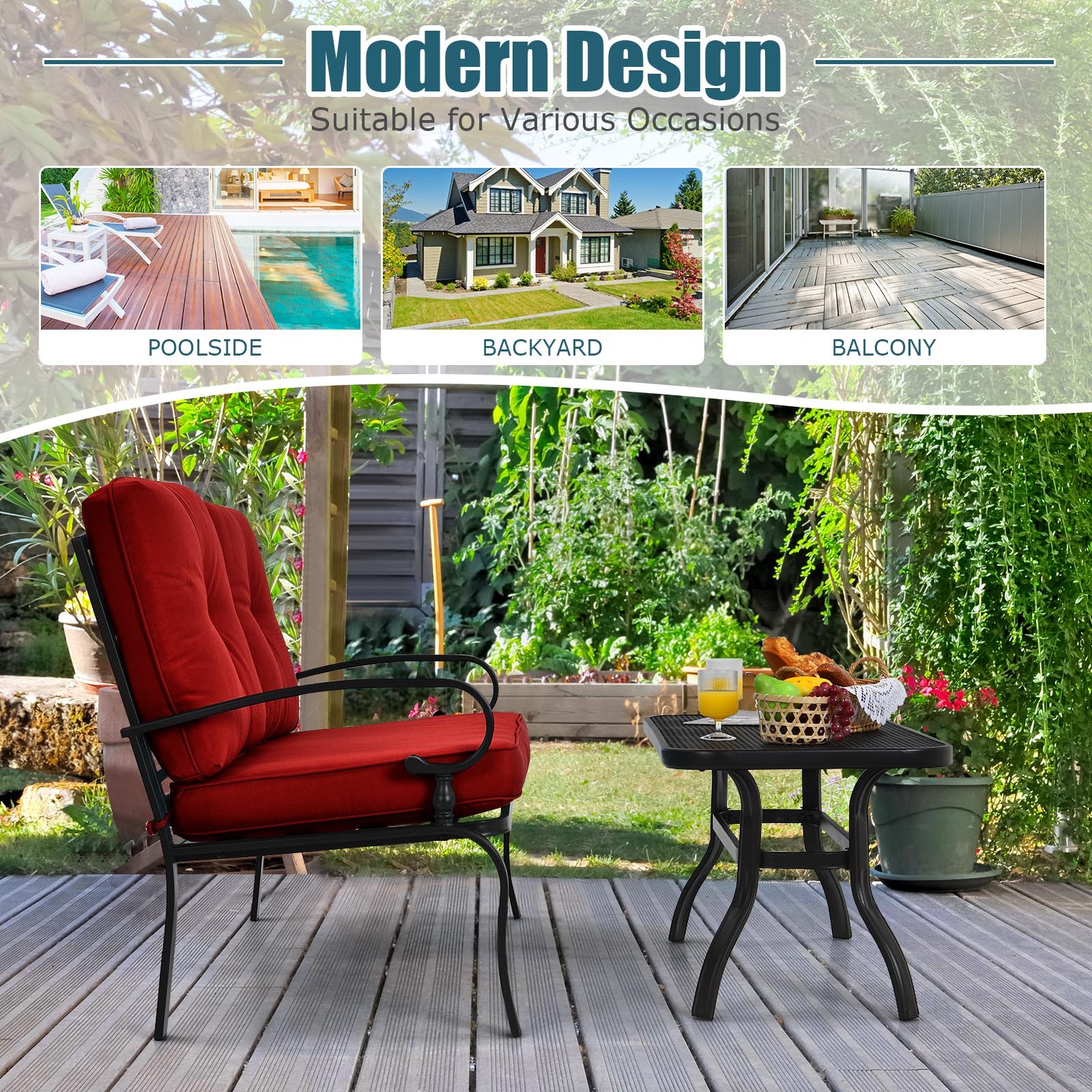 Patiojoy Outdoor 2PCS Loveseat Bench Table Furniture Set Cushioned Chair Red