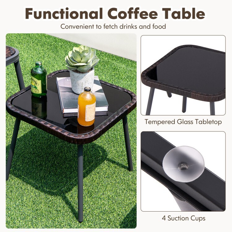 3PCS Patio Outdoor Garden Furniture PE Rattan Set With Tempered Glass Tabletop