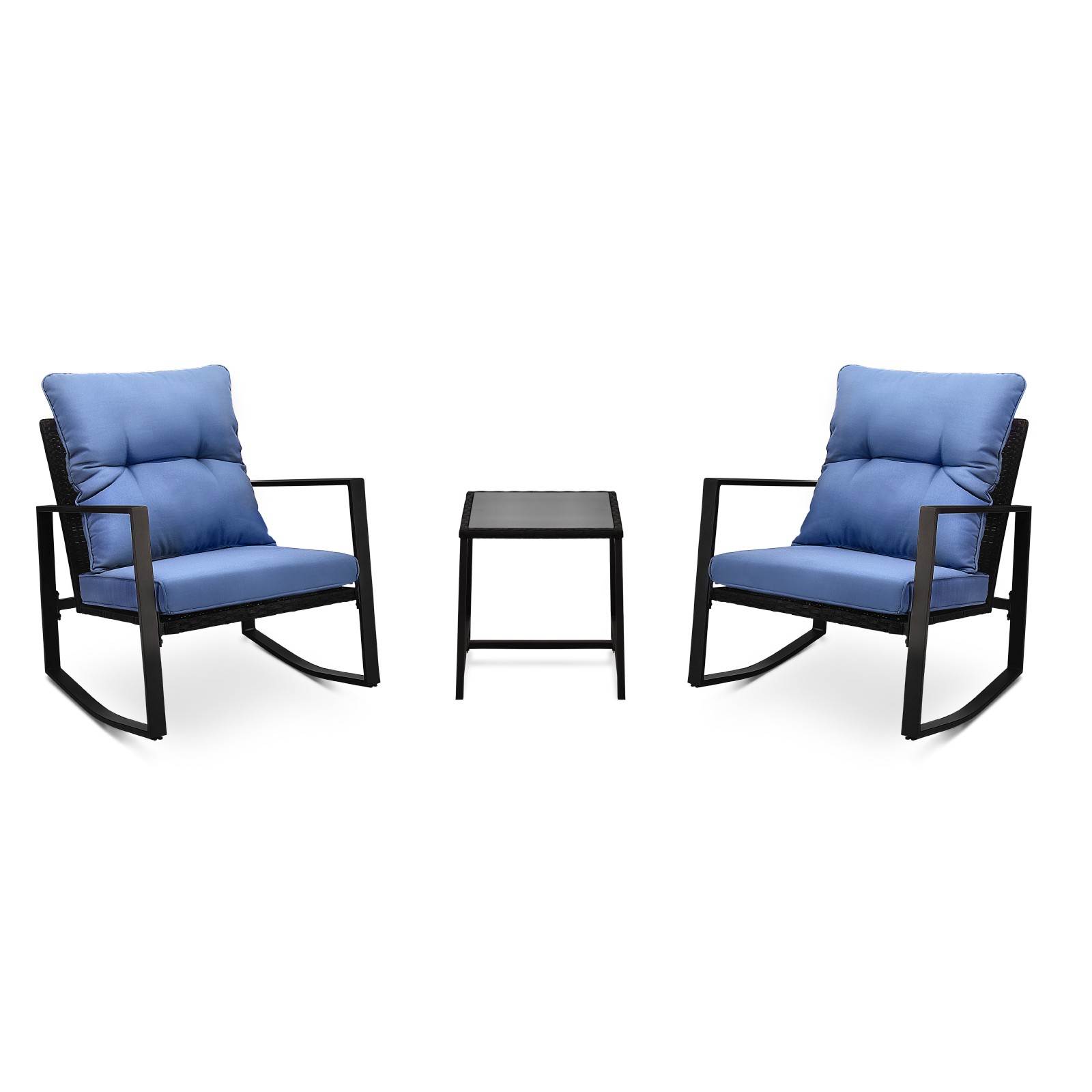 3-Piece Patio Bistro Set Rocking Chairs Blue Cushion Outdoor Garden Poolside Set