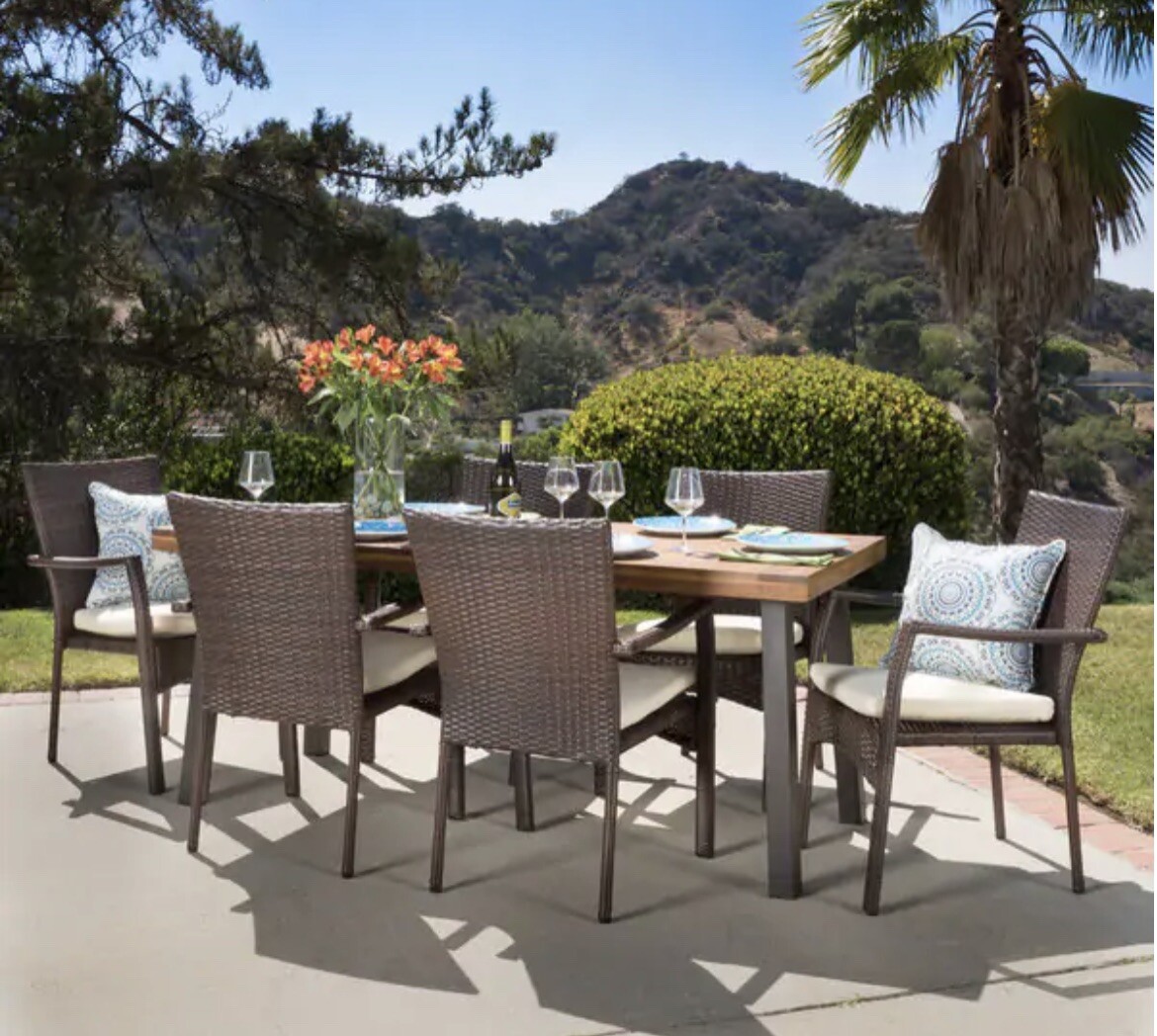 Cordello Outdoor 7-pc. Cushioned Wood Dining Set by Christopher knight.