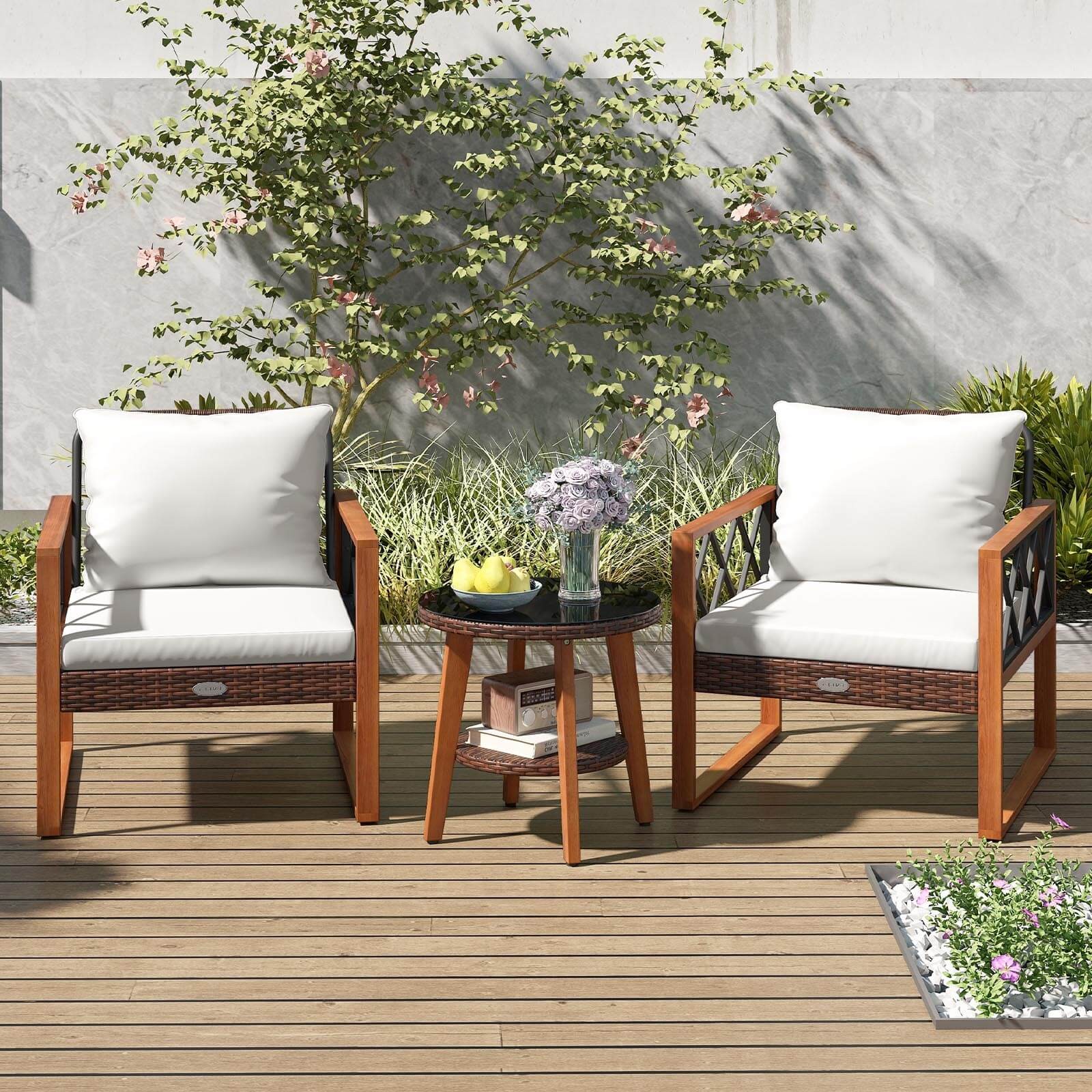 3 PCS Patio PE Wicker Furniture Set w/Solid Acacia Wood Frame & Cushions