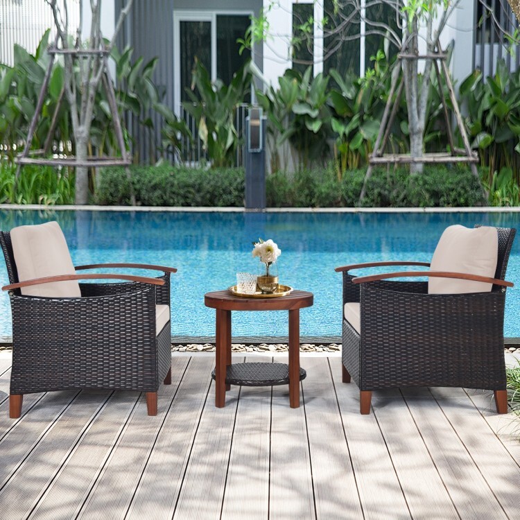 3PCS Patio Outdoor Garden Furniture Rattan Sofa Set With 2-Tier Coffee Table
