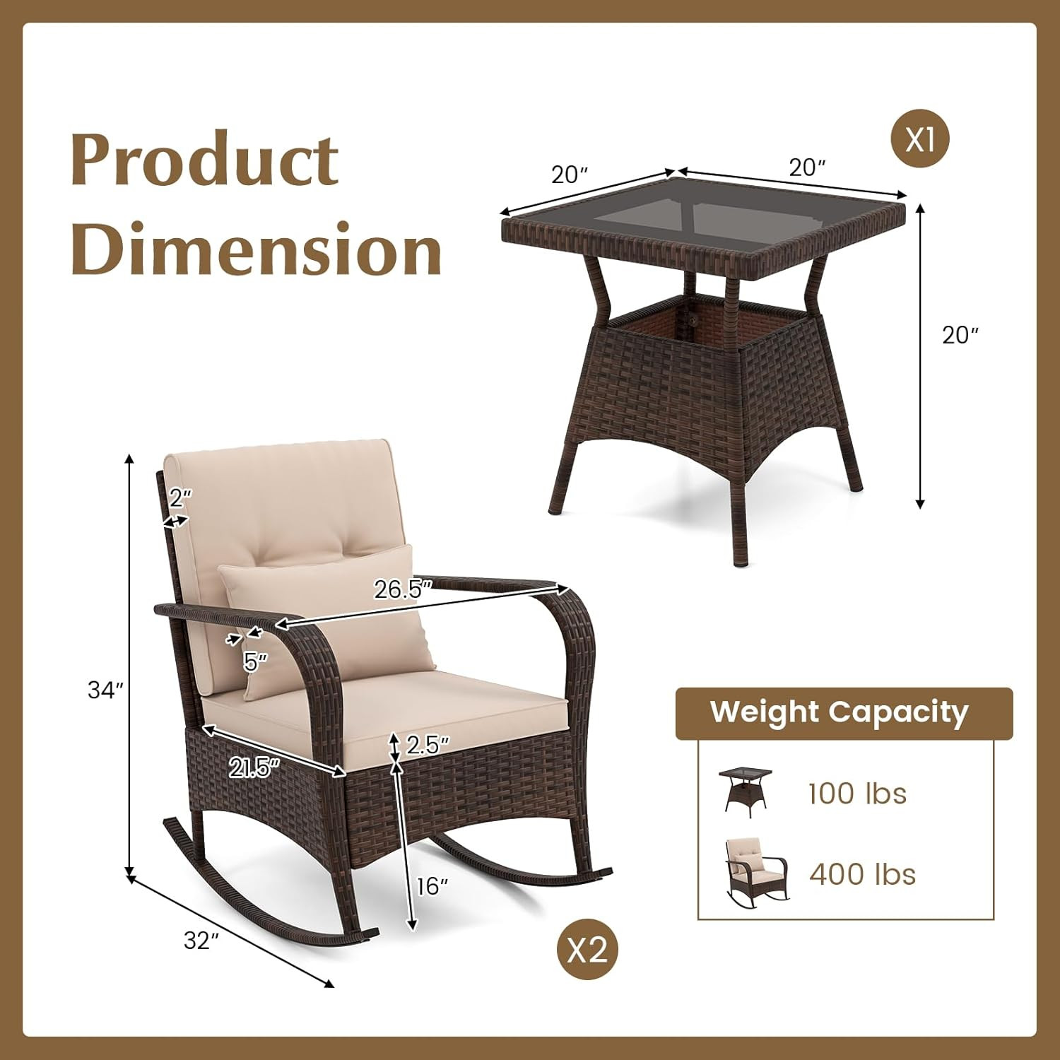 COSTWAY Outdoor Rocking Chairs Set of 2, 3 Piece PE Wicker Patio Bistro Set | Co
