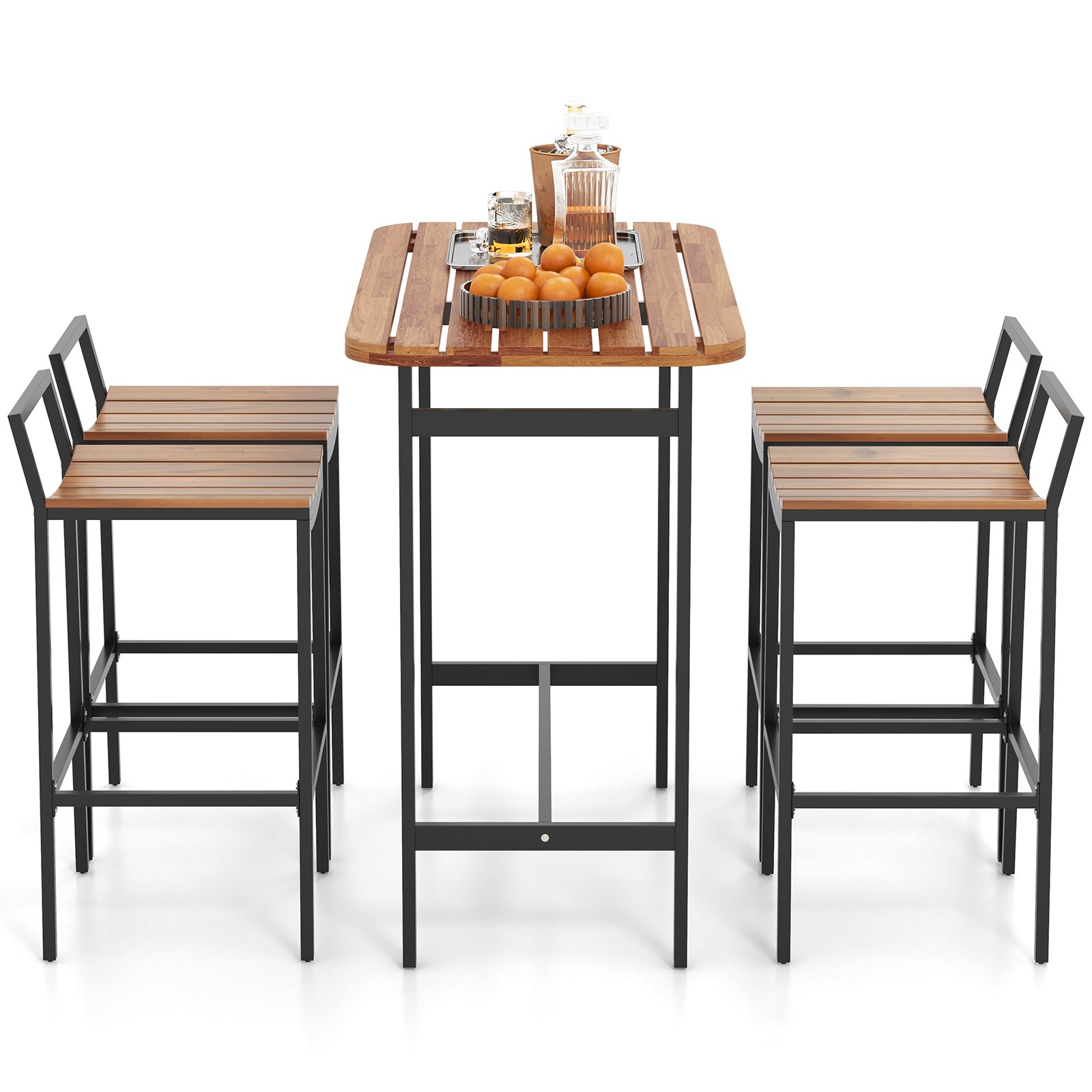5 PCS Outdoor Acacia Wood Bar Table Set Bar Height Table & Chairs w/ Metal Frame