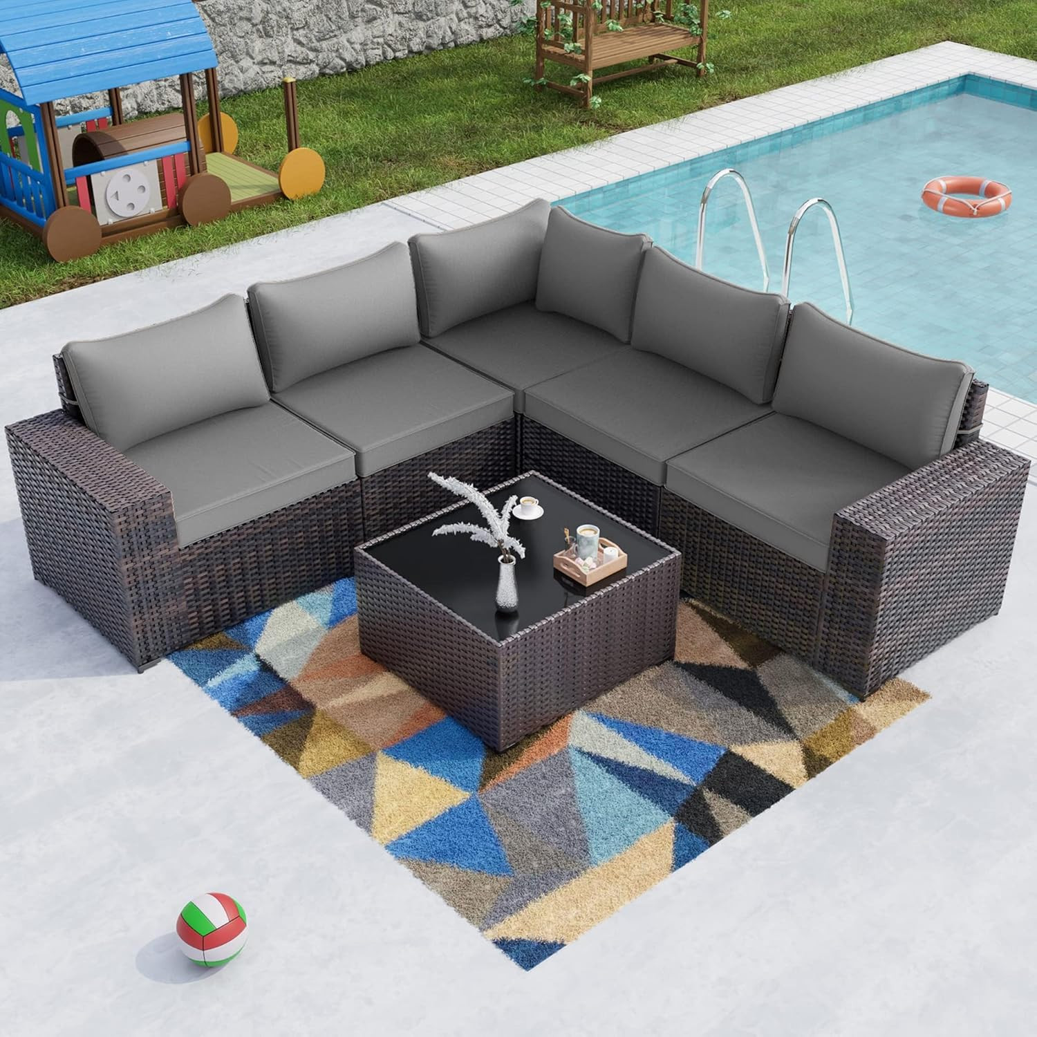 New Grey 6PCS Outdoor Patio Furniture Set PE Wicker Rattan Sectional Sofa Gray