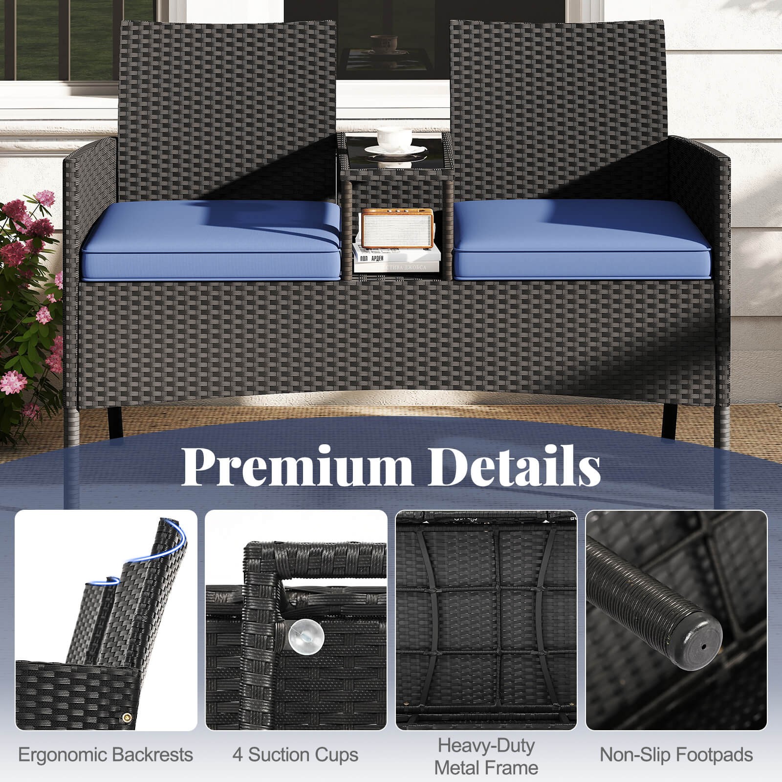Patio Loveseat w/ Built-in Table Soft Cushions & Tempered Glass Tabletop