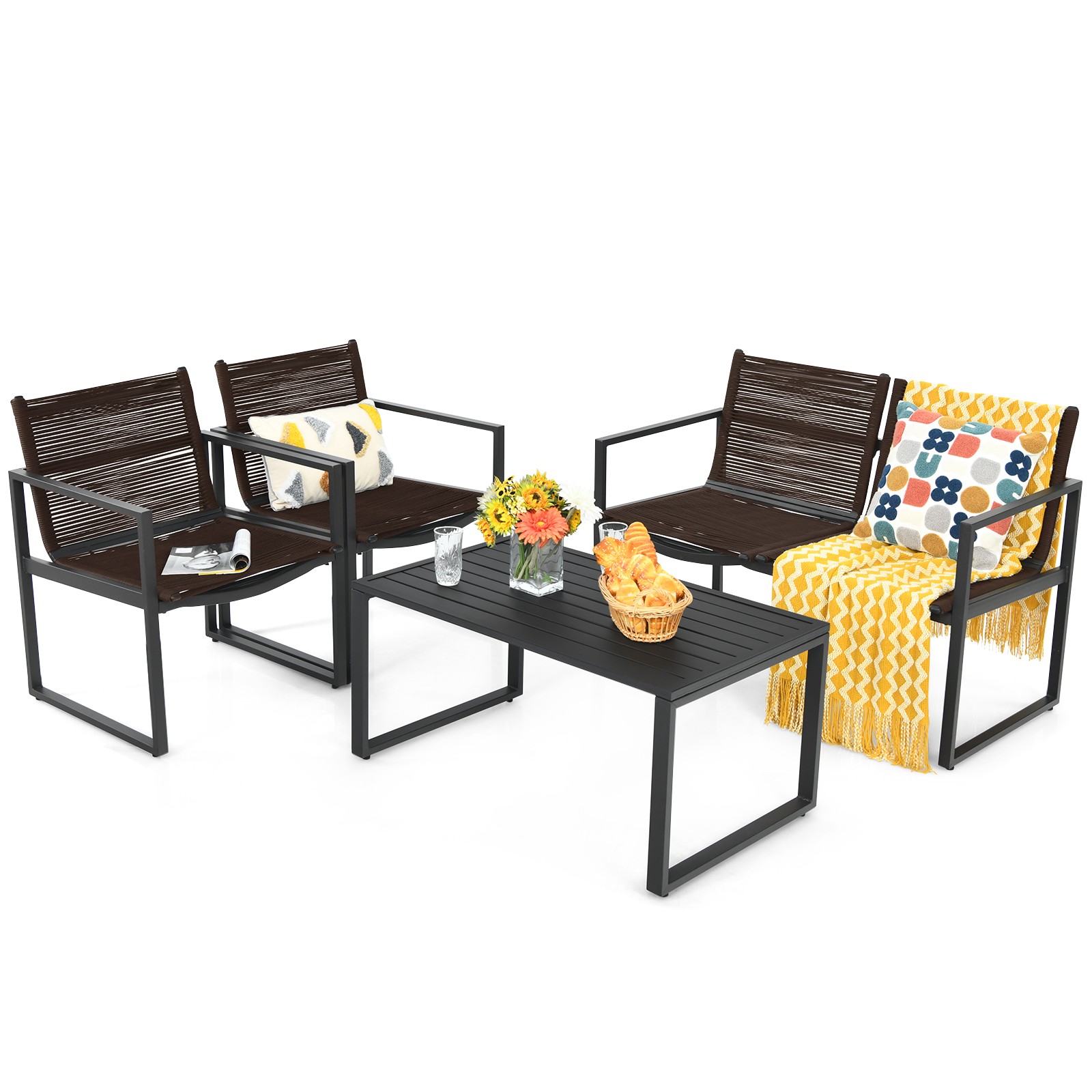 Costway 4PCS Patio Furniture Conversation Set Sofa Loveseat Armrest Garden Deck