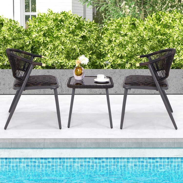 3PCS Patio Outdoor Garden Furniture PE Rattan Set With Tempered Glass Tabletop