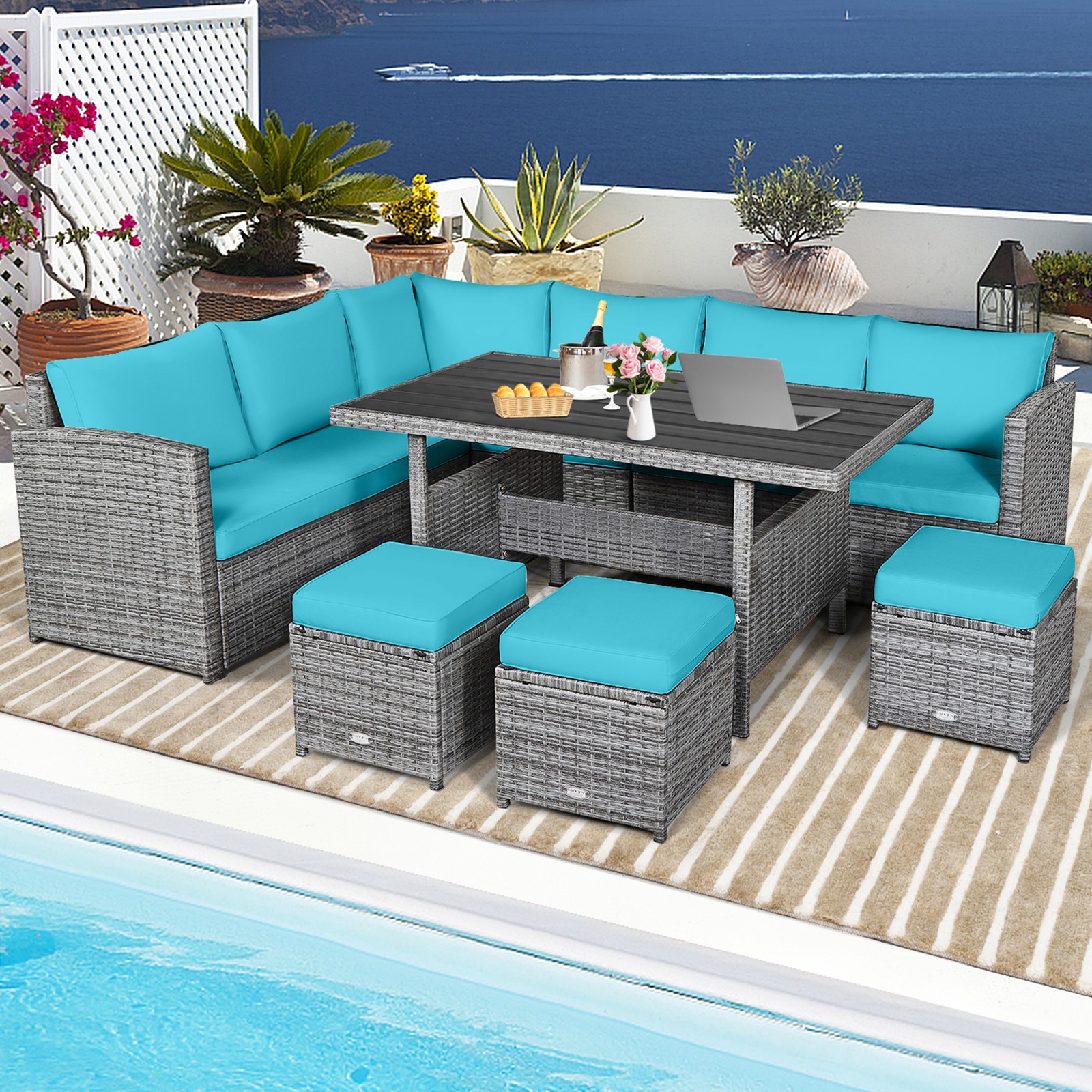 7PCS Rattan Patio Sectional Sofa Set Conversation Set w/ Turquoise Cushions