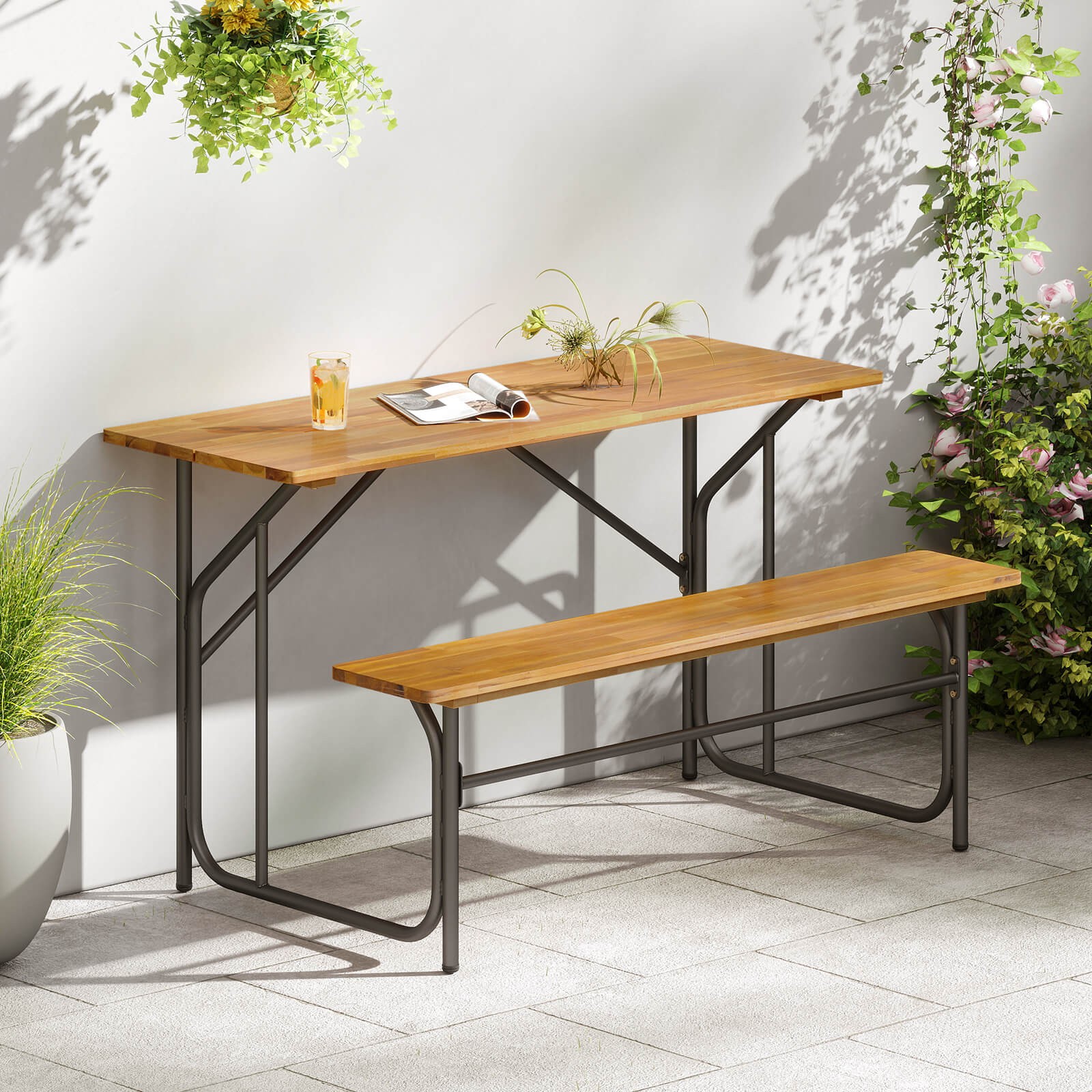 Patio Table Bench Set for 2 Picnic Table & Loveseat w/Acacia Wood Top Metal Legs