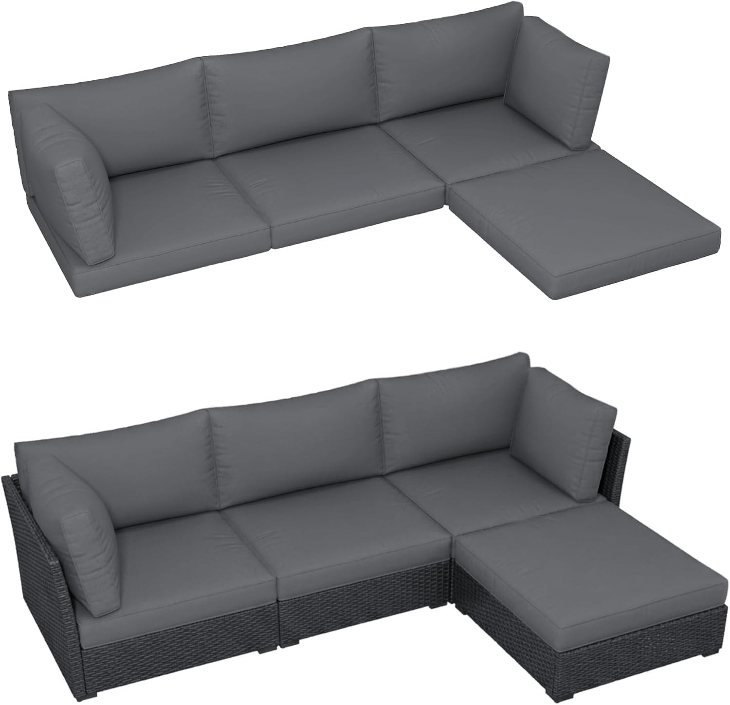 4Pk Grey Outdoor Sofa Cushions 5 Pillows Water-Resistant for Patio