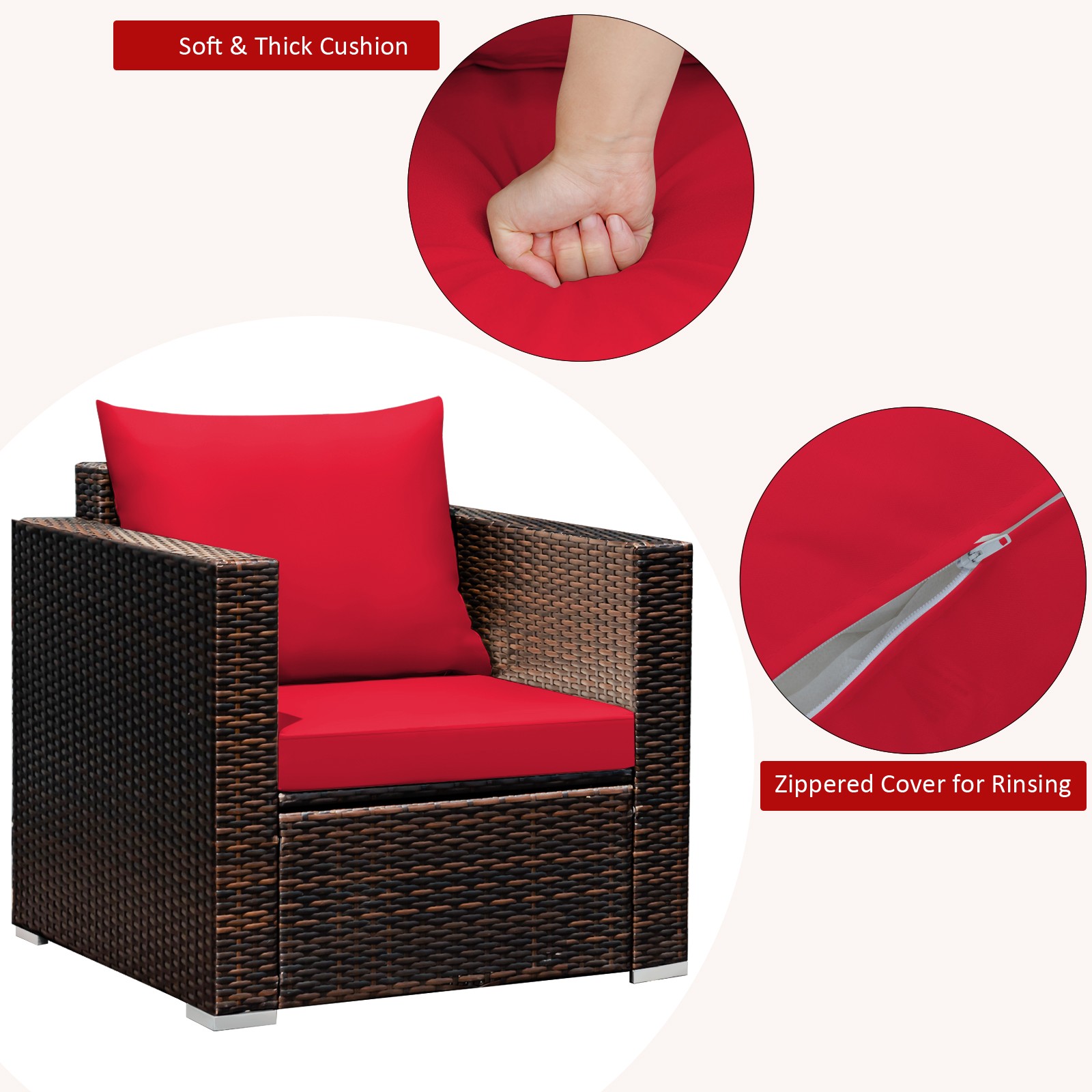 Patiojoy 3PCS Patio Rattan Furniture Set Conversation Sofa Cushioned Garden Red