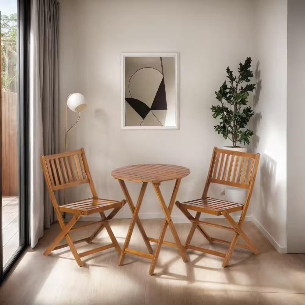 Light Brown 3-Piece Acacia Wood Outdoor Bistro Set Folding Patio Furniture for G