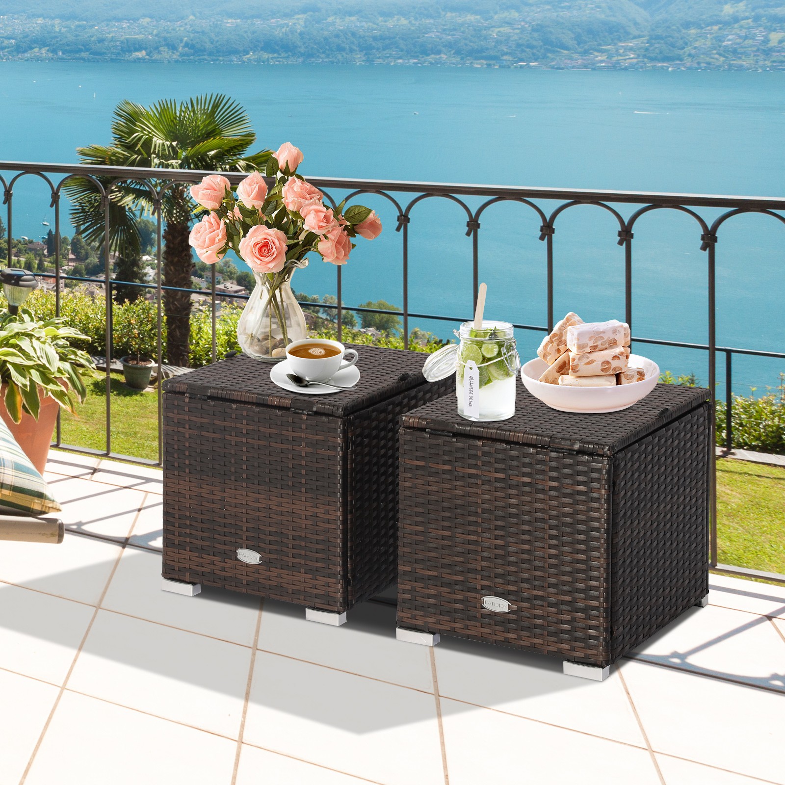 2PC Patio Rattan Ottoman Seat Side Table Storage Box Footrest Off White