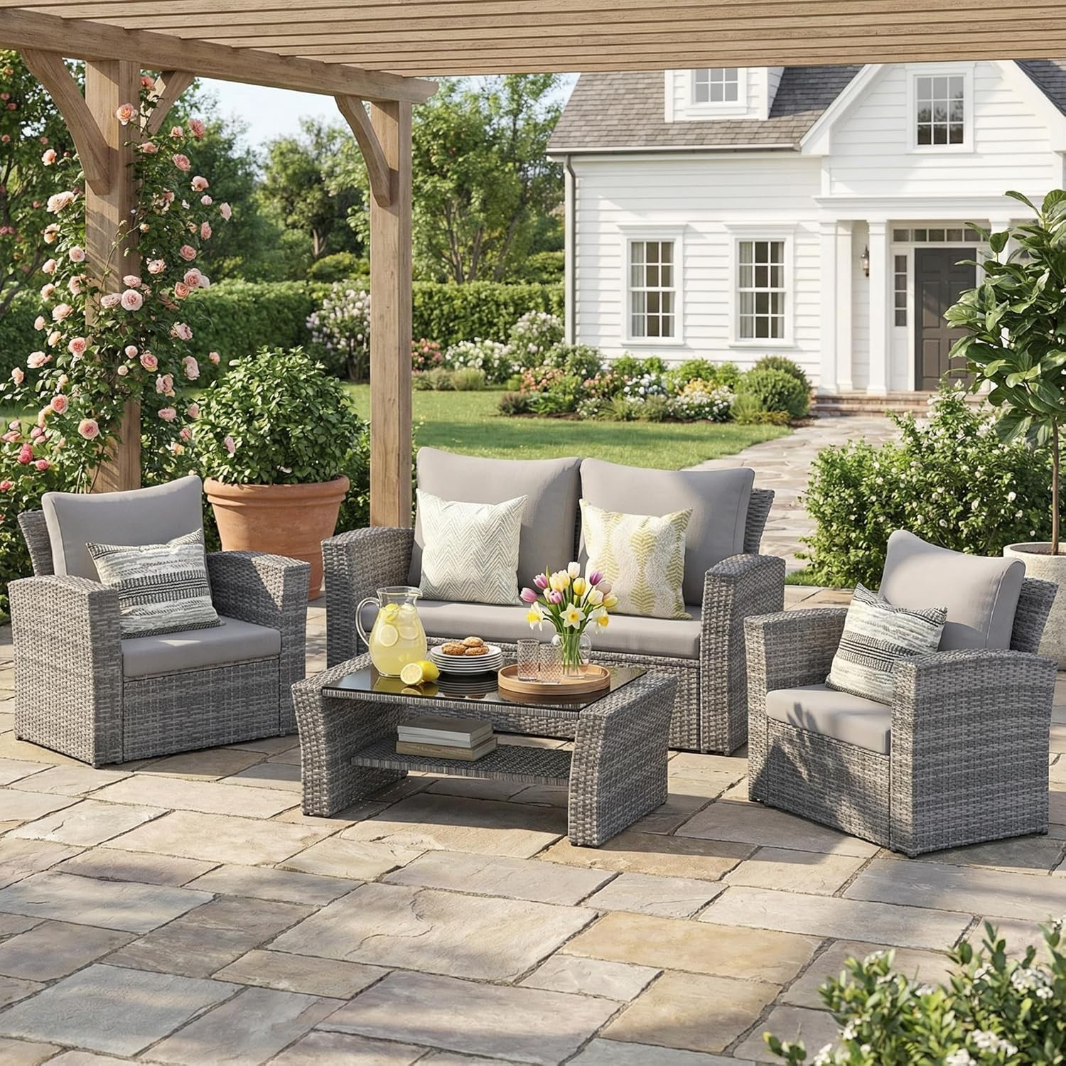 4 Piece Patio Furniture Set Wicker Outdoor Patio Conversation Furniture Set All