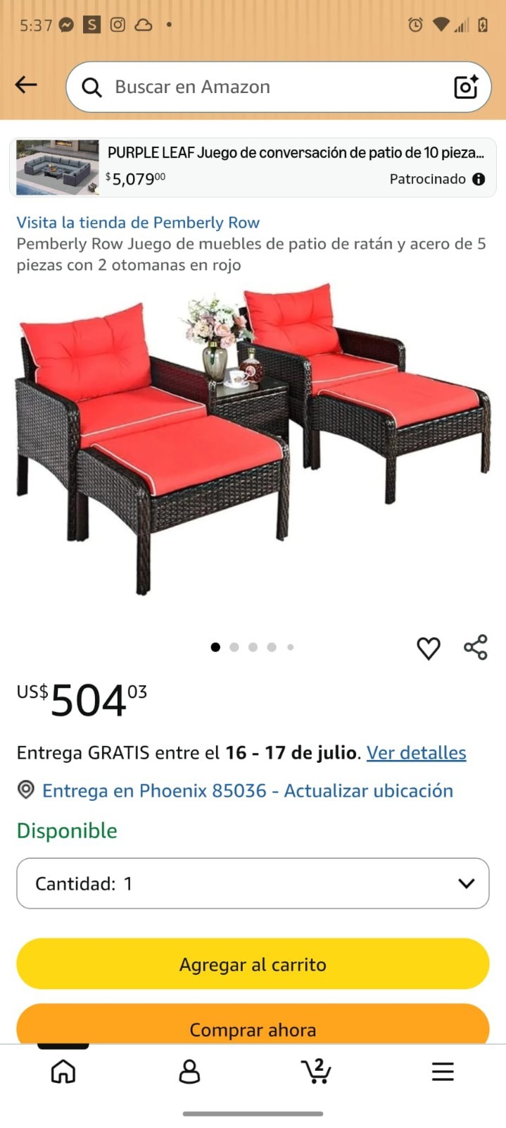 Pemberly Row 5-Piece Wicker Patio Lounge Set Black w/ Red Cushions & Table