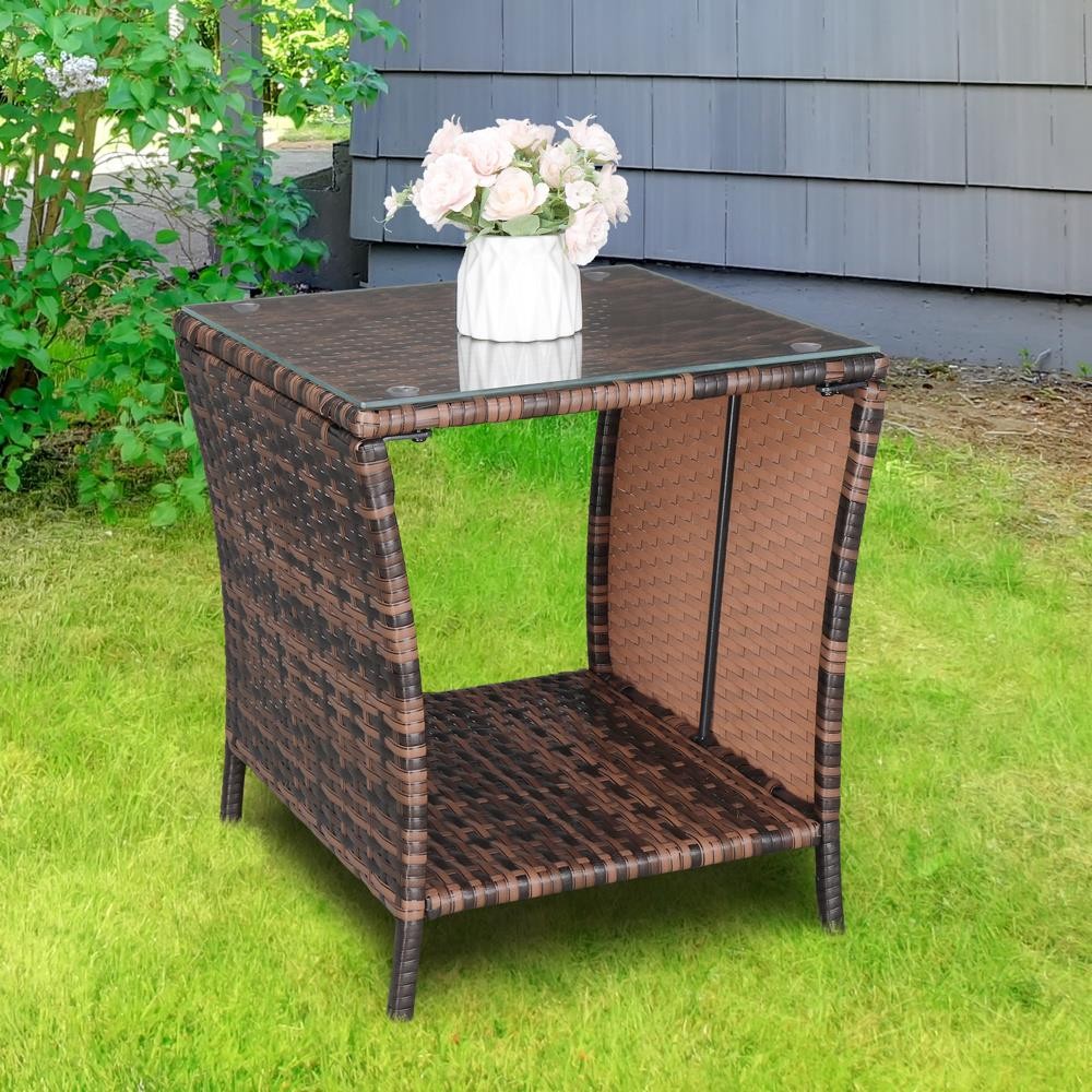 Yard Wicker Rattan Side End Tea Table with Glass Patio Furniture Outdoor Storage