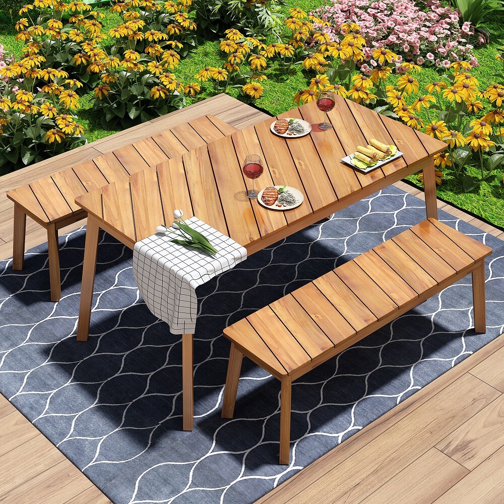 Wood Table Bench Dining Set For Outdoor/Indoor Furniture W/ 2 Benches for Patio