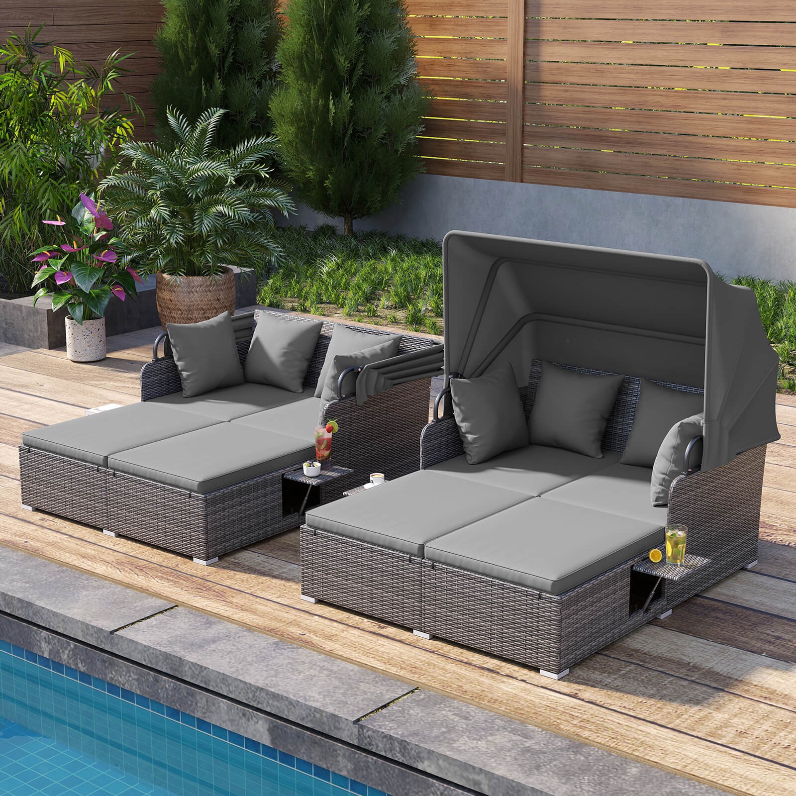 Patio Rattan Daybed Lounge Retractable Top Canopy Side Tables Cushions Beige