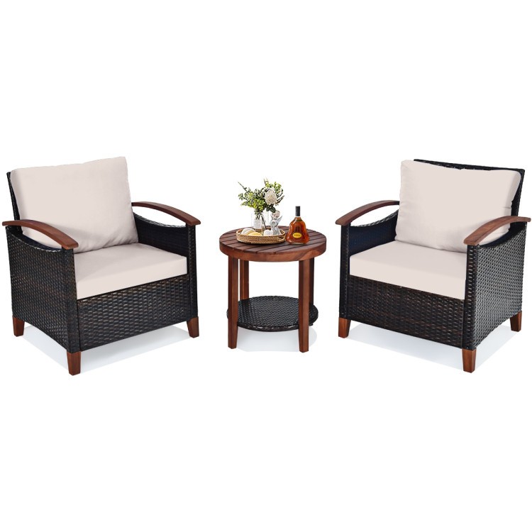 Rattan Patio Set with Solid Acacia Tabletop, Thick Sponge Cushions, 3-Pc