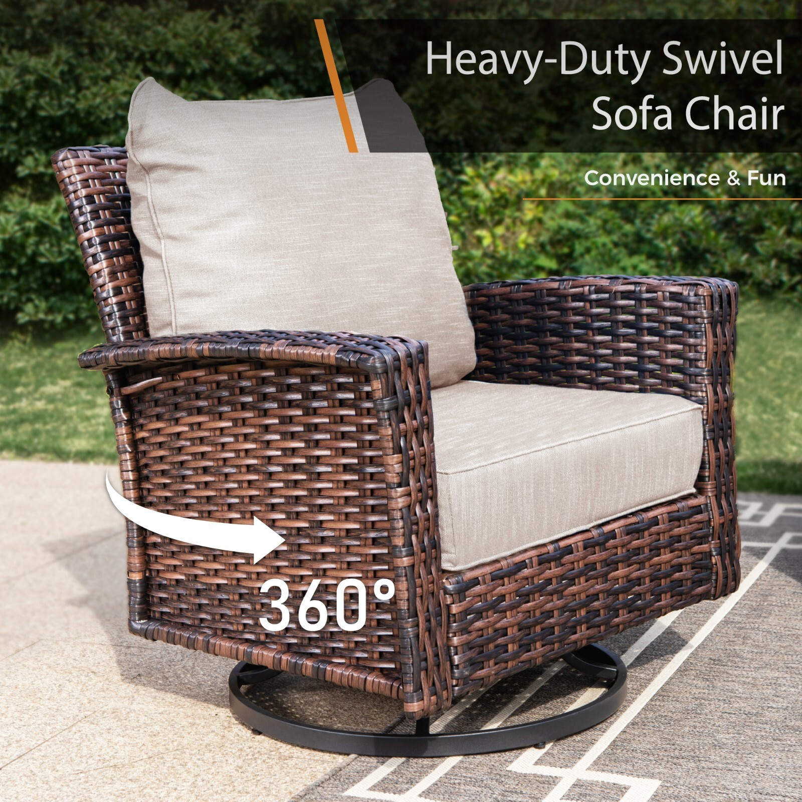 Outdoor Swivel Chair Set of 2 High Back Patio Wicker Chair w/ 5.5″ Thick Cushion