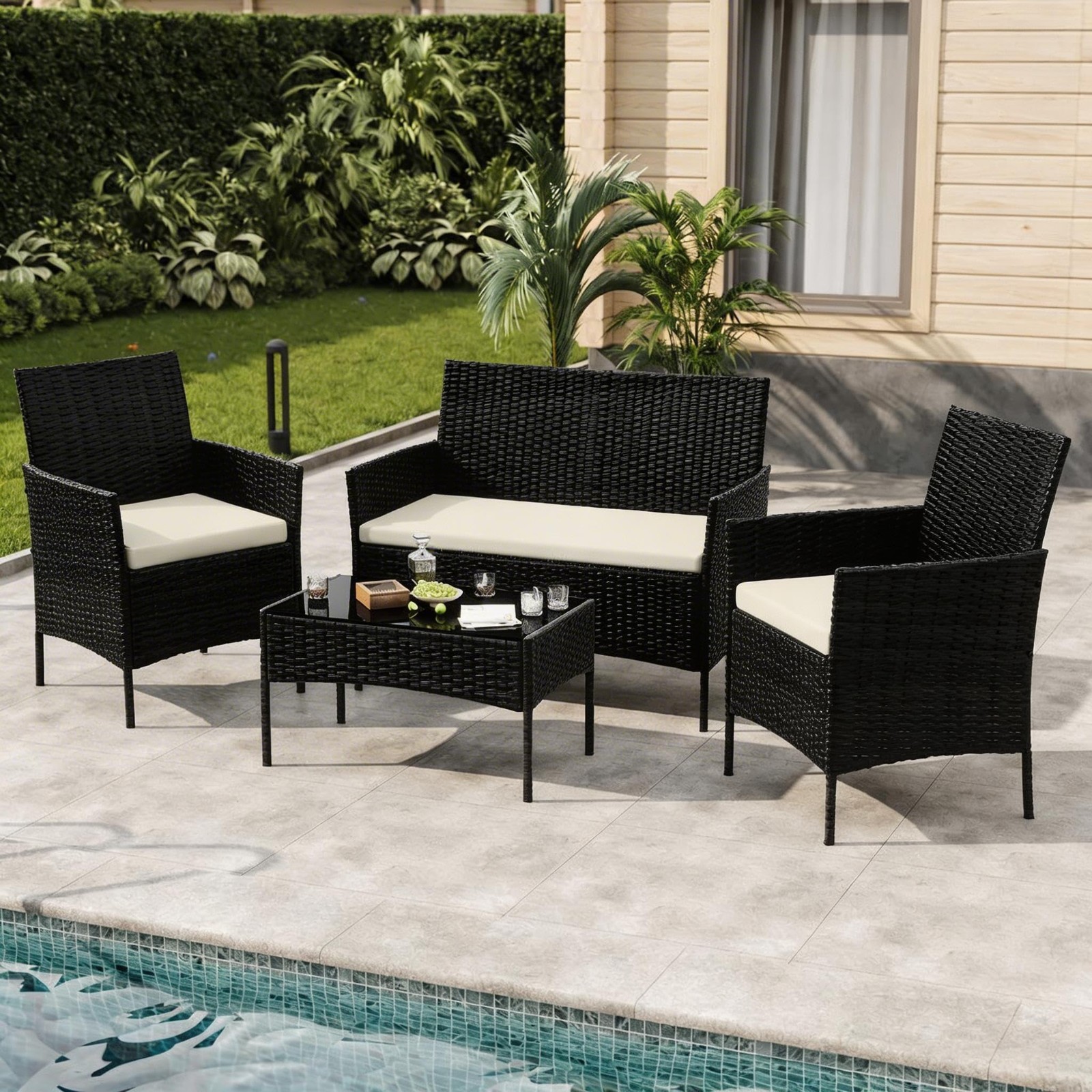 4 PCS Patio Furniture Set Outdoor Sectional Sofa Rattan Wicker Sofa Set Black