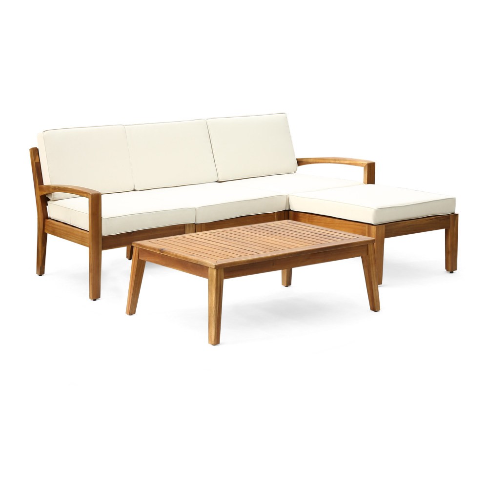3-Piece Acacia Wood Patio Sectional Set L-Shaped Outdoor Sofa Garden Couch Set