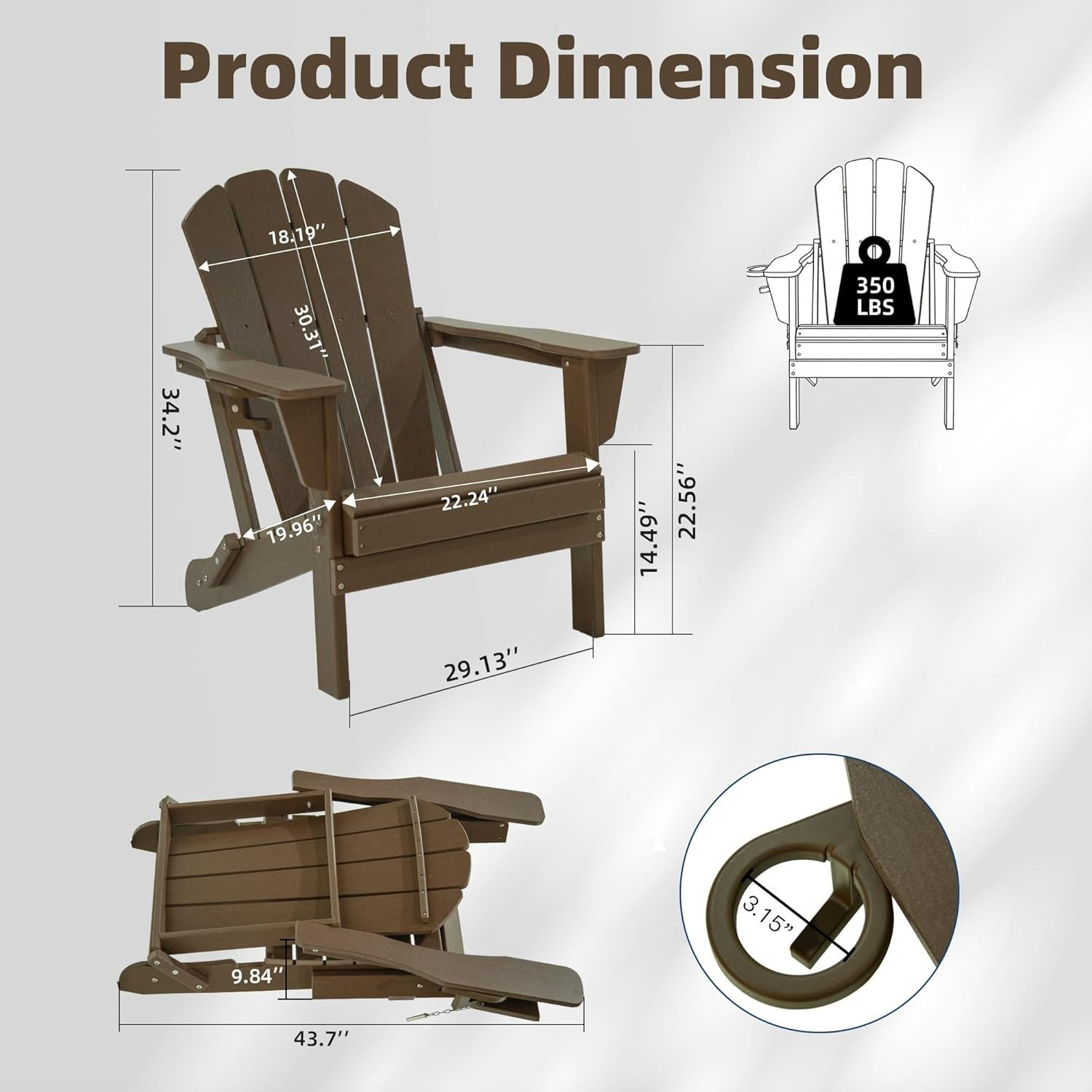 4pcs All-Weather HDPE Folding Adirondack Chair Fire Pit Chair w/Cup Holder,Khaki