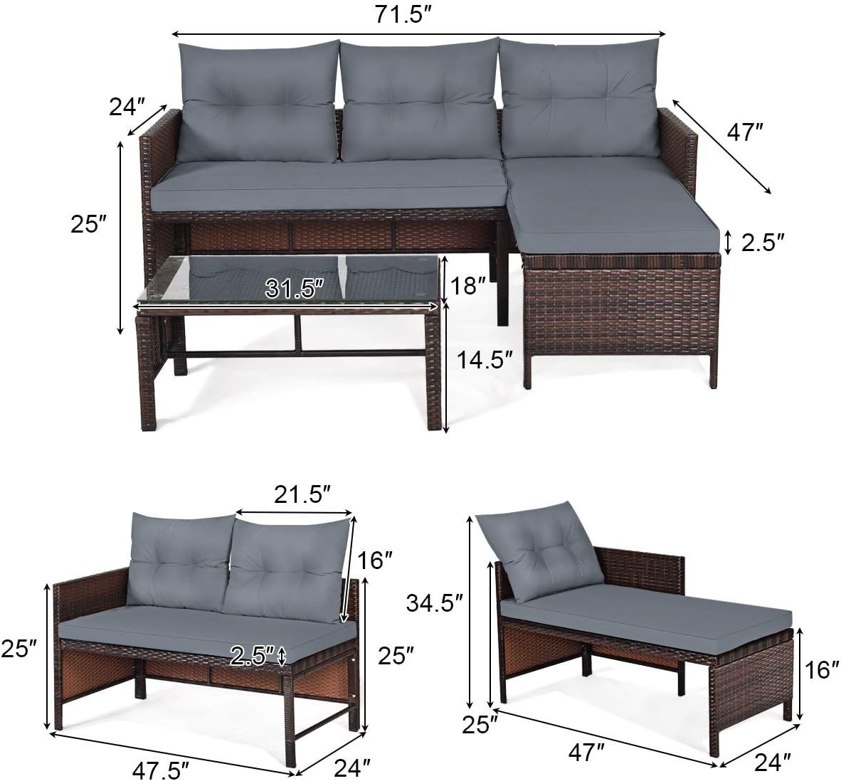 Durable 3-Piece Corner Sectional Sofa Set for Garden & Poolside Relaxation