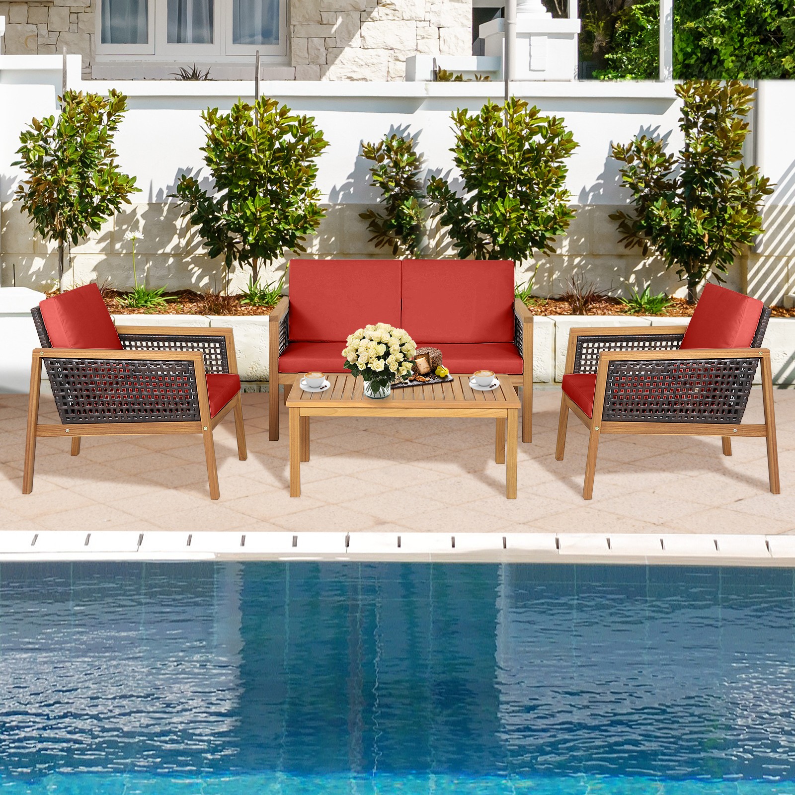 4-Piece Outdoor Acacia Wood Furniture Set Conversation Set Cushioned Red