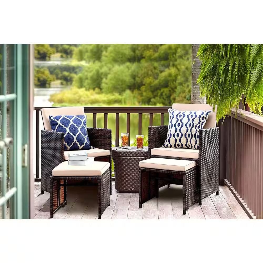 4-Pieces Patio Furniture Space Saving Outdoor Brown Black Wicker Rattan Dining S