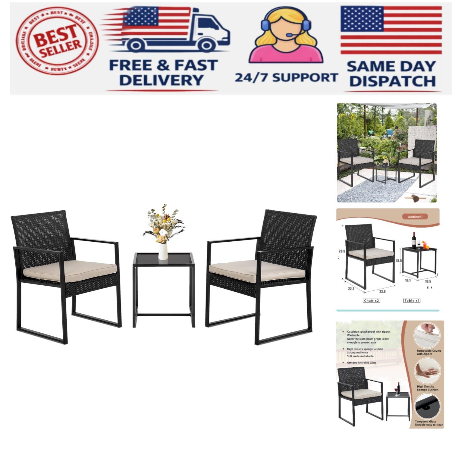 3-Piece Outdoor Seating Set – Weather-Resistant Wicker with Cushions in Khaki