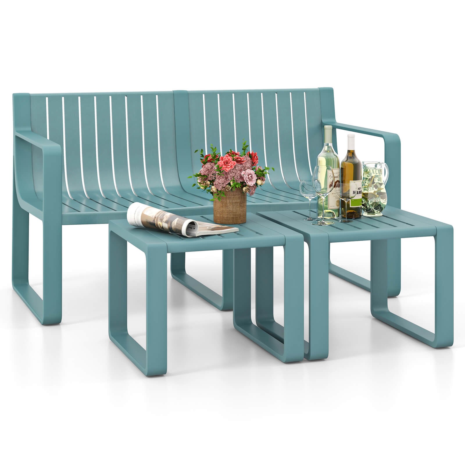 3 PCS Patio Furniture Set w/1 Loveseat & 2 Side Tables All-Weather Bistro Set