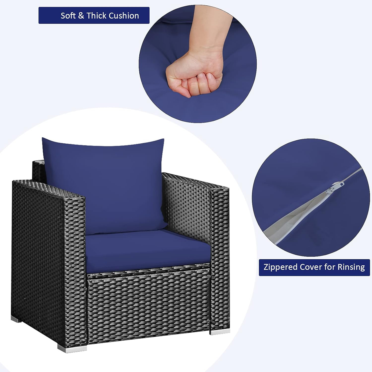 Navy Blue 3-Piece Patio Furniture Set with Cushions & Glass Tabletop