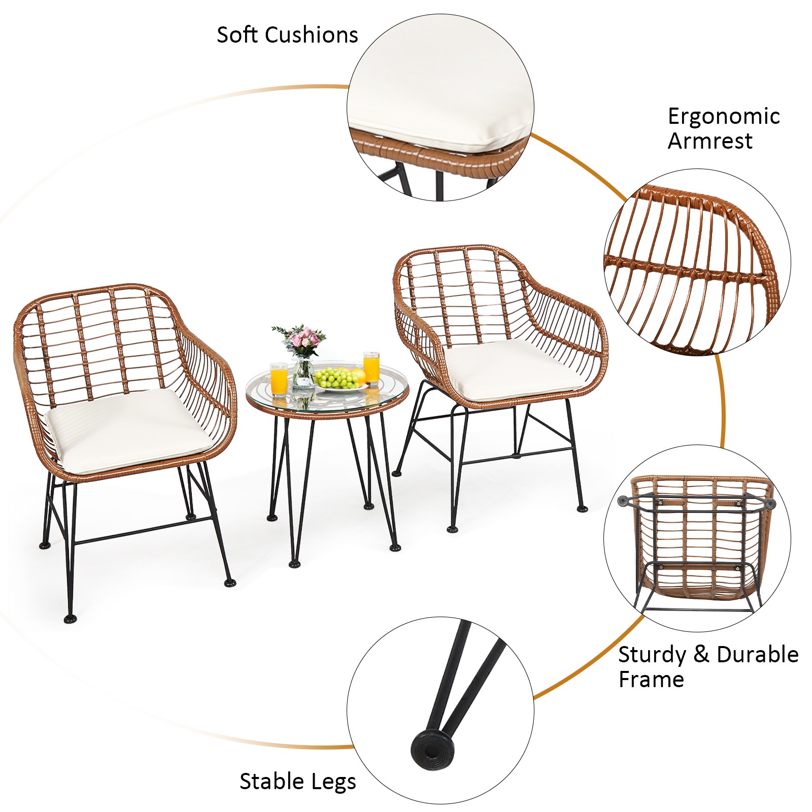 Patiojoy 3PCS Patio Rattan Bistro Set Coffee Table Armchair Garden Beige Cushion