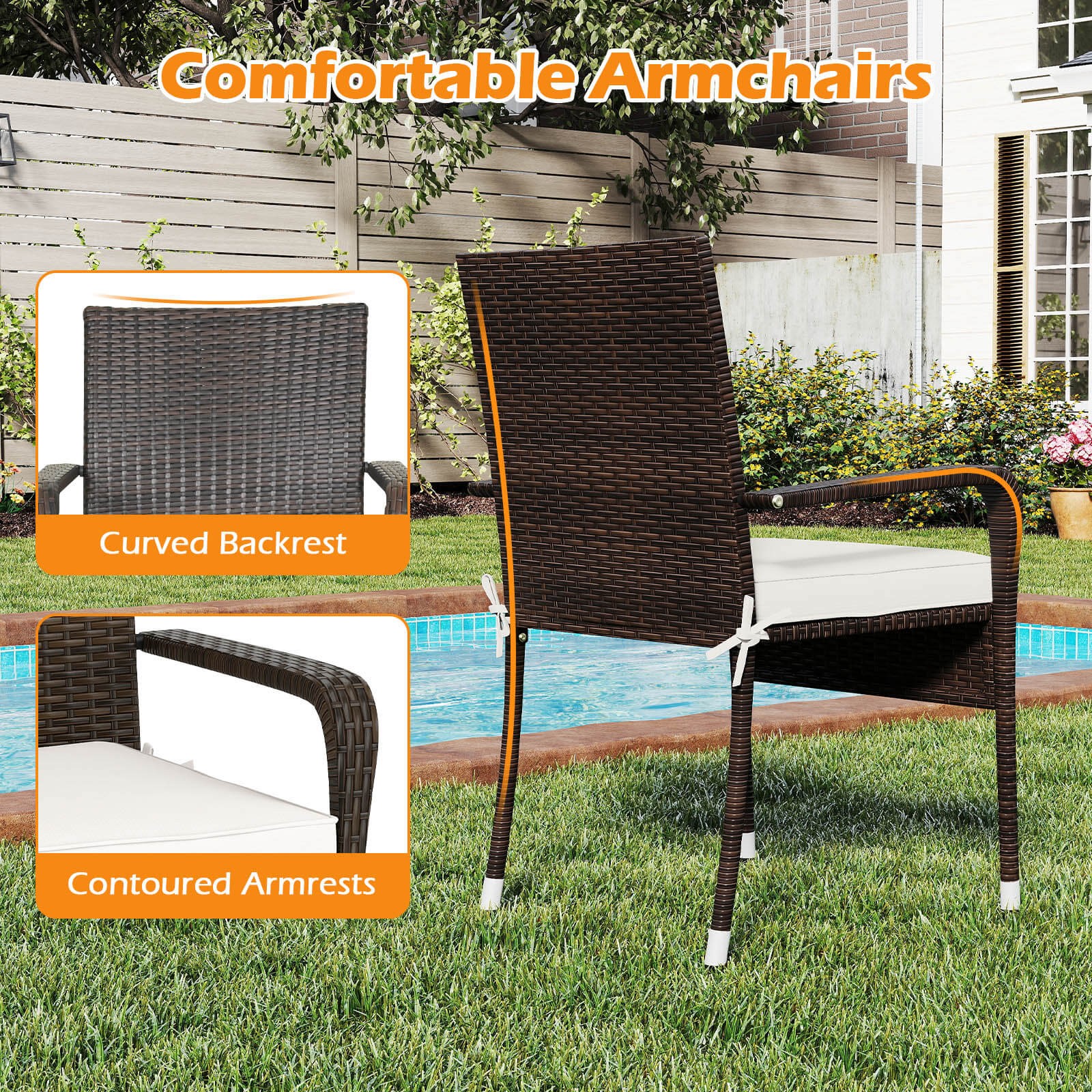 3-Piece Patio Furniture Set with Tempered Glass Top Table and Soft Cushions