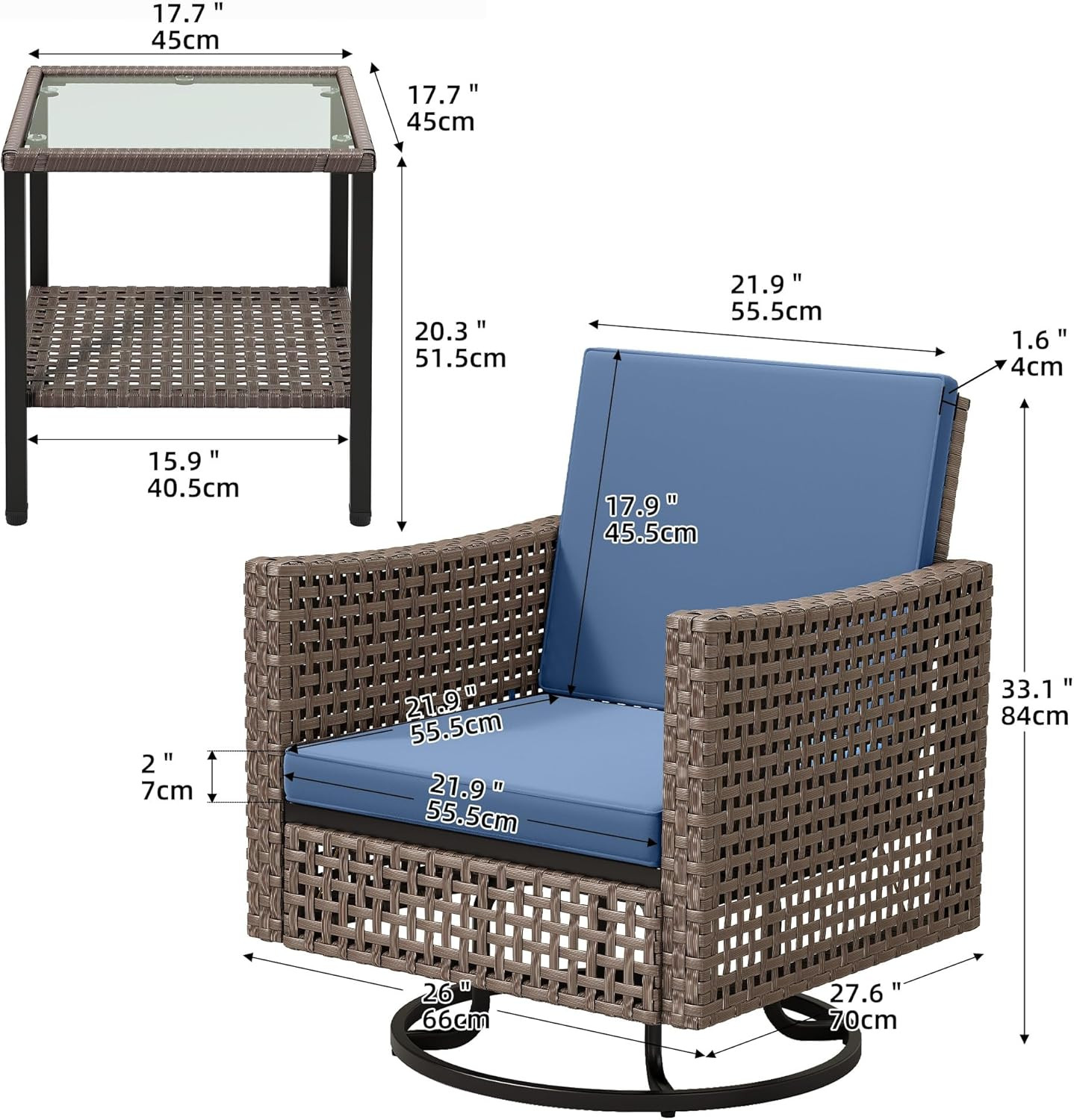 YITAHOME 3 Pieces Patio Set W/2.8″ Thick Cushions, All Weather Swivel Patio Furn
