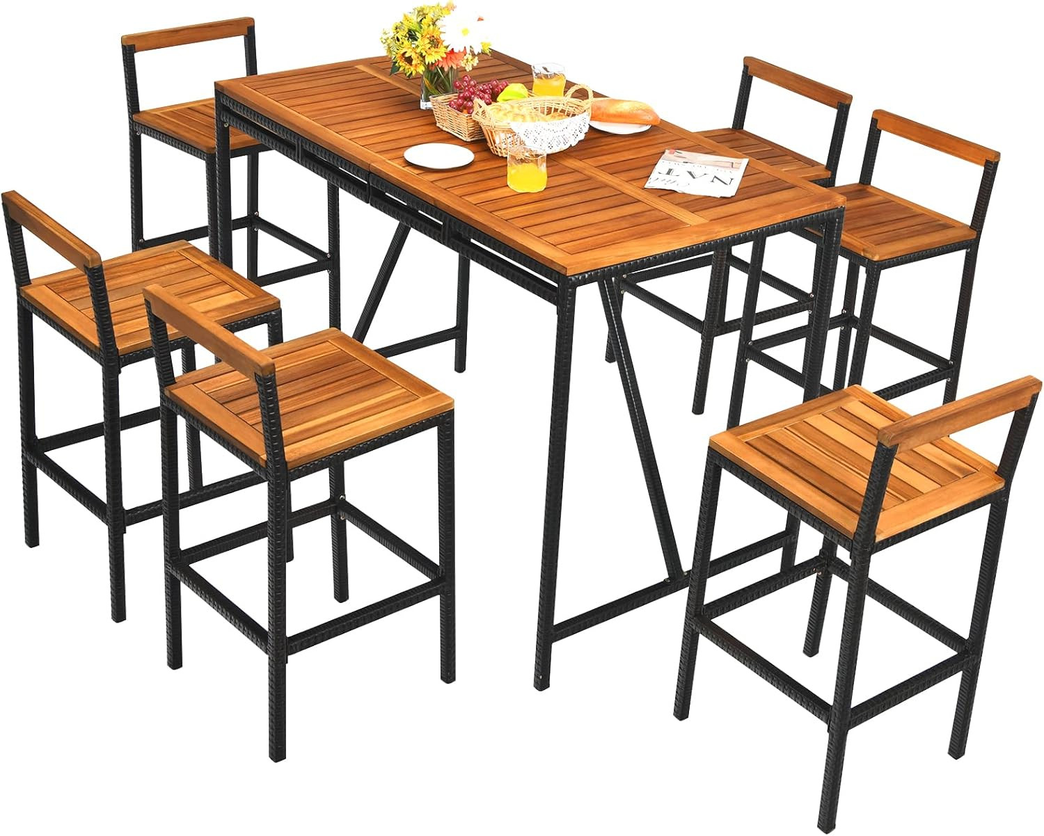 Acacia Wood 7-Piece Bar Set with Rattan Stools & Umbrella Table for Outdoors