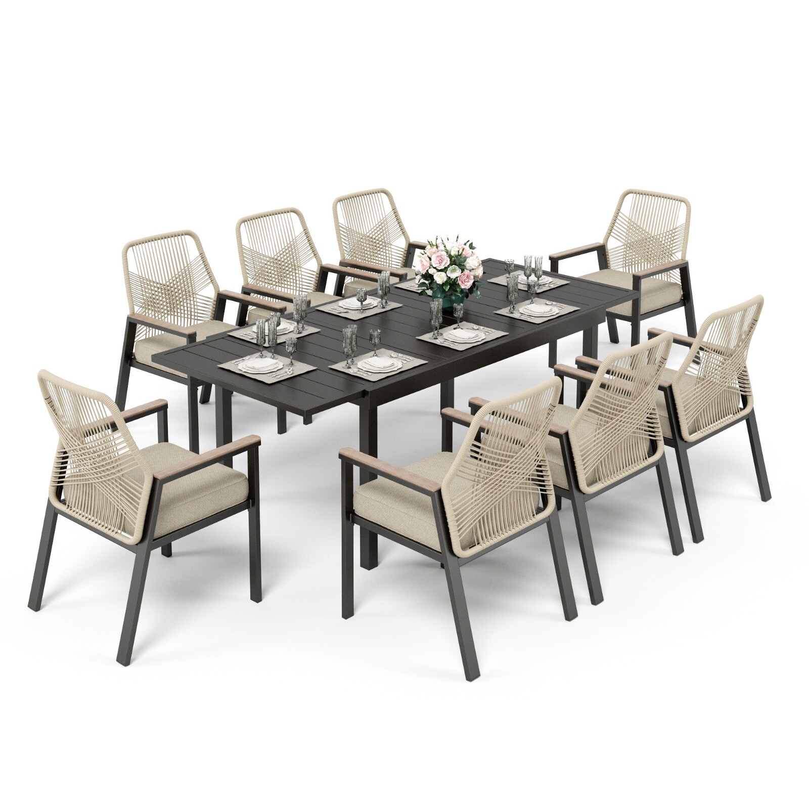 9-Piece Patio Dining Set Expandable Metal Dining Table with 8 Wicker Armchairs