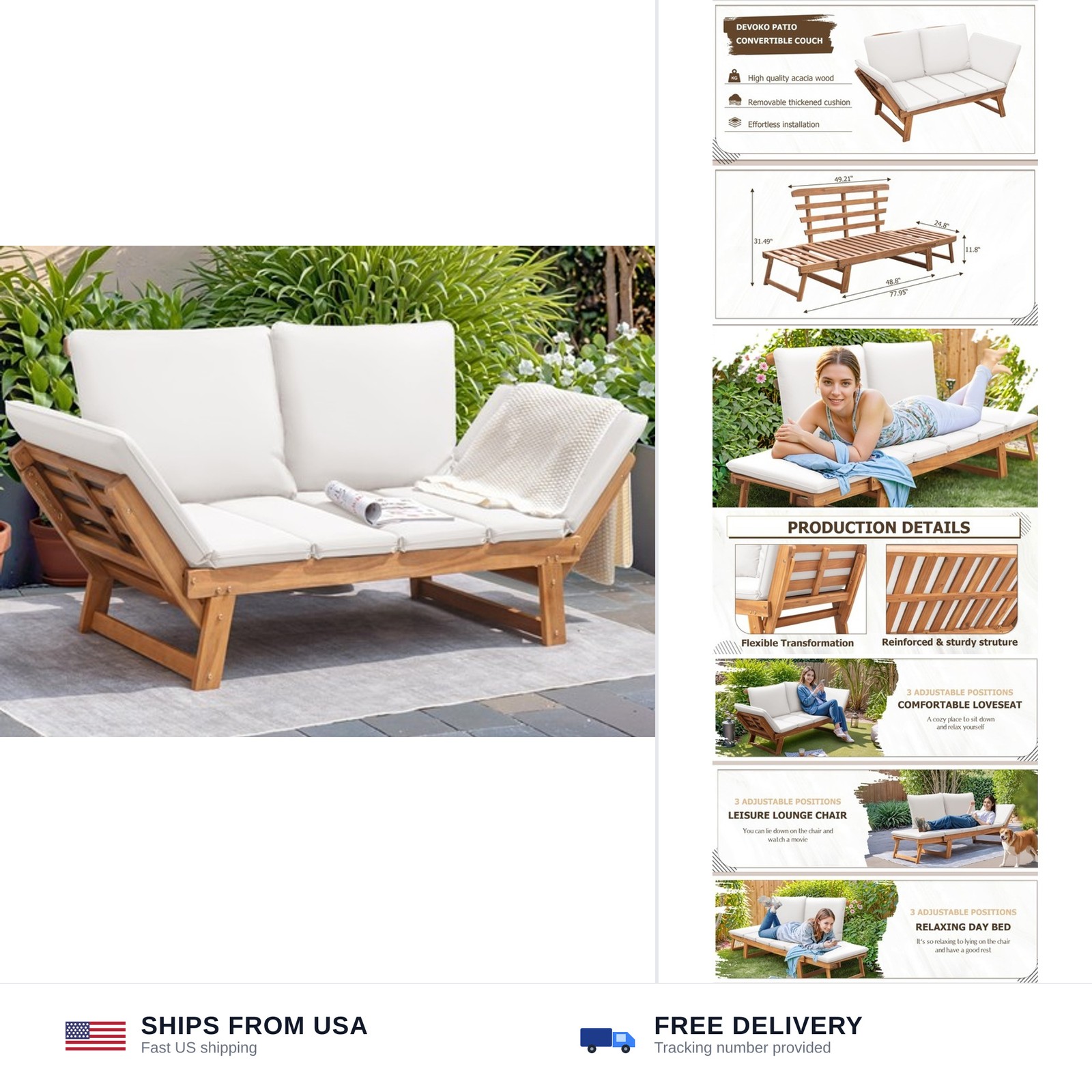 Devoko Outdoor Couch Acacia Wood Patio Couch with Adjustable Armrests, Outdoo…