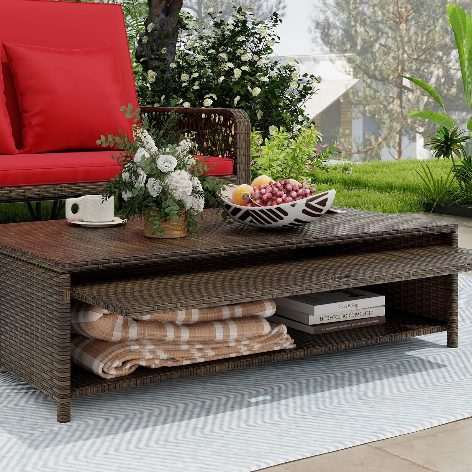 Patio Rattan Daybed Wicker Loveseat Sofa with Multifunctional Ottoman