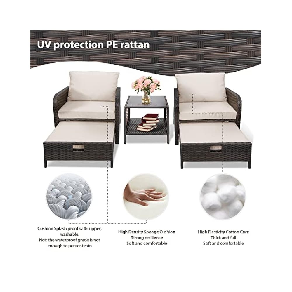 Porch & Patio Set, 5 Piece Wicker Conversation Set with Cushions Included