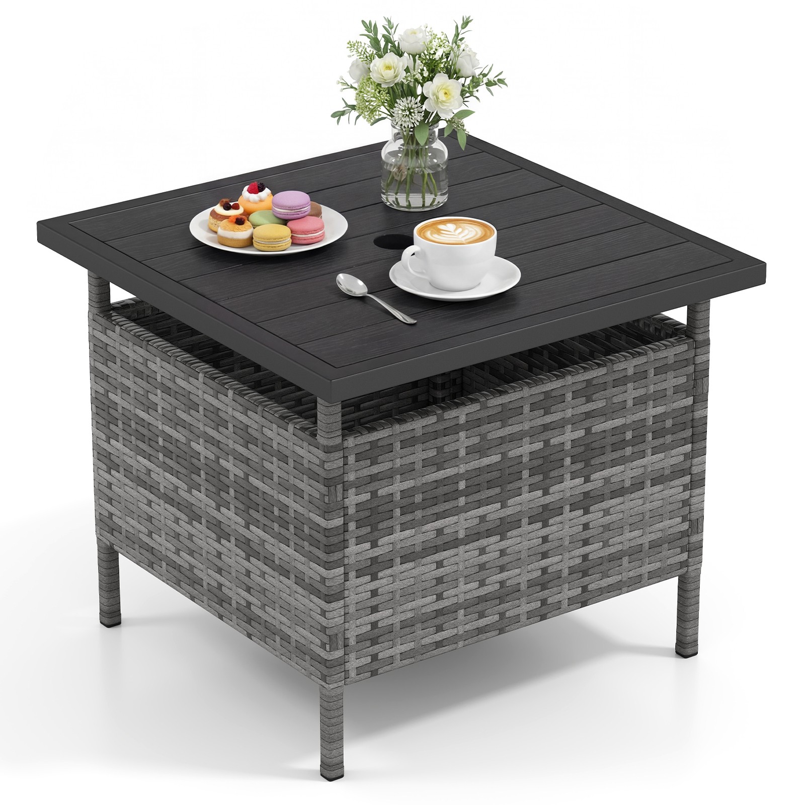 22″ Patio Rattan Square Side End Table Garden Bistro Umbrella Stand Table W/Hole