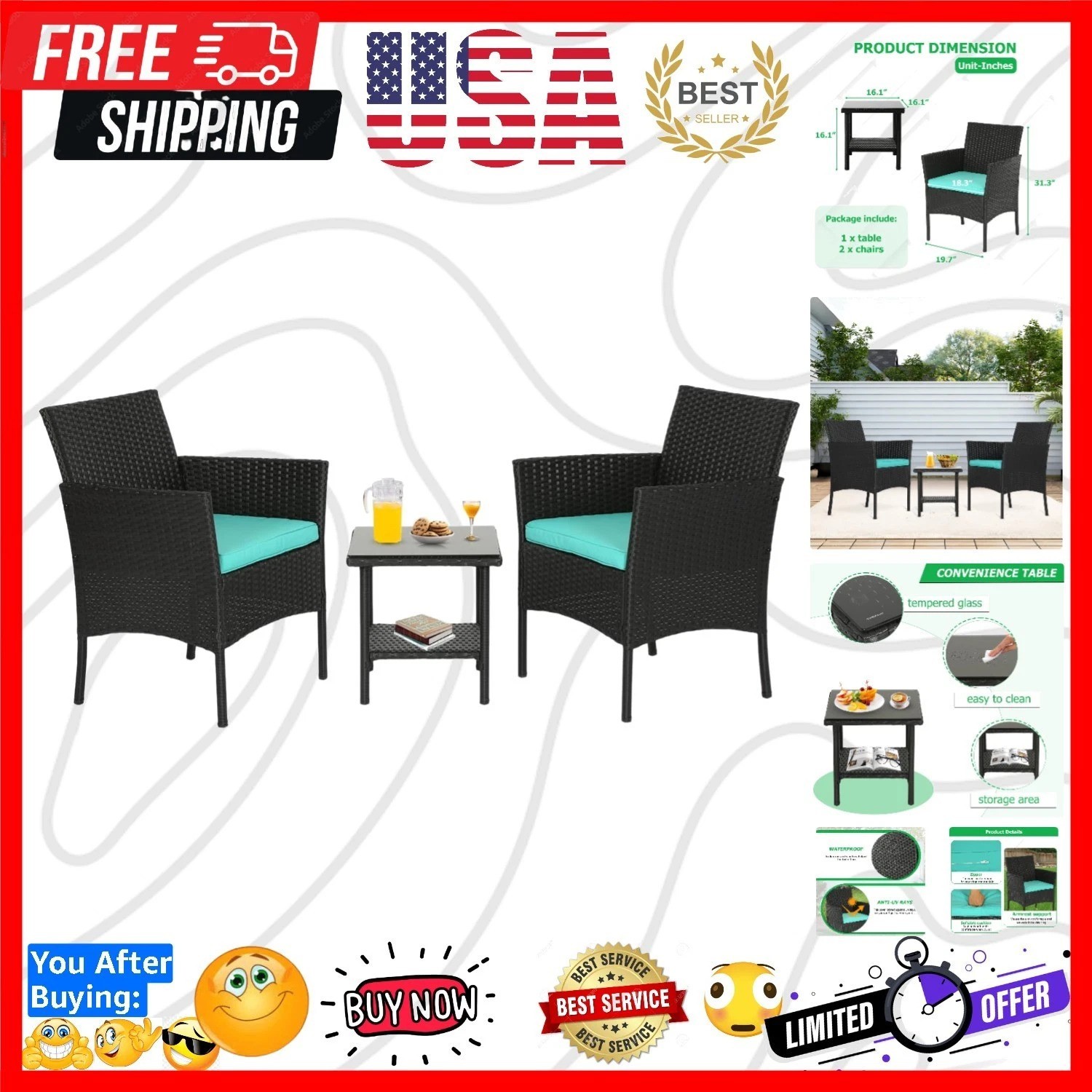 3 Piece Outdoor Furniture Set Patio Wicker Chairs Furniture Bistro Conversati…