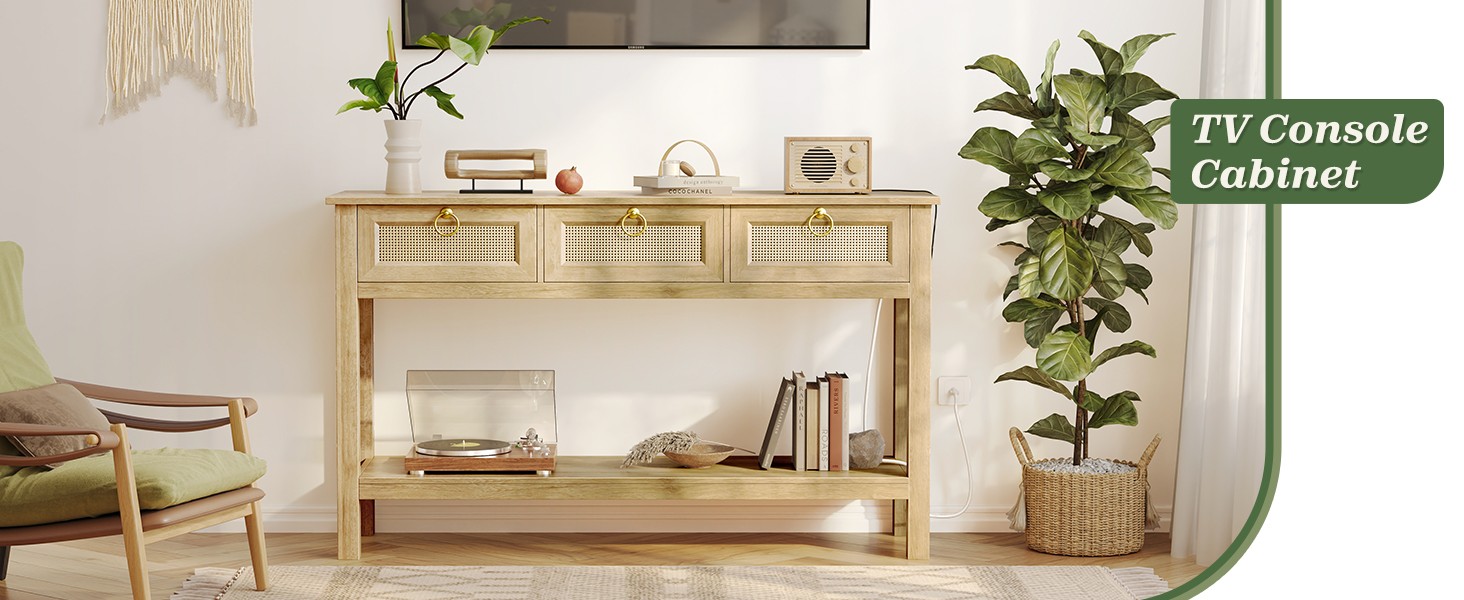 Rattan Console Sofa Table with Outlets and USB-C Port, 3 Der