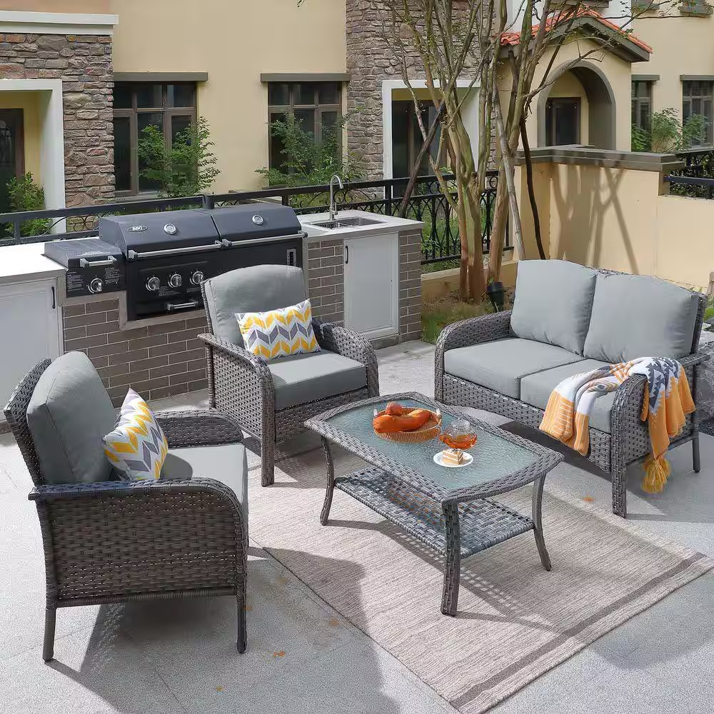 Denali Gray 4-Piece 4-Seat Wicker Modern Outdoor Patio Conversation Sofa Seating