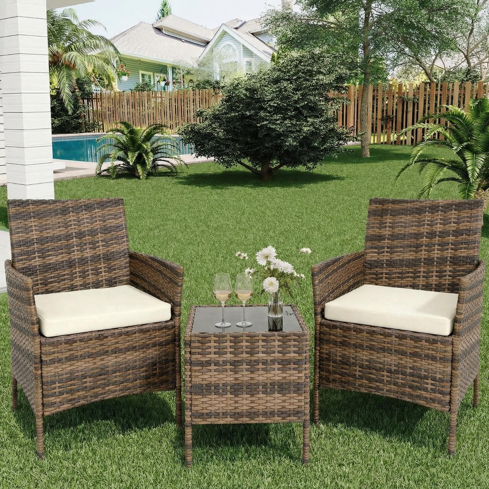 3 Pieces Patio Furniture Set Outdoor Sectional Sofa Rattan Wicker Sofa Brown