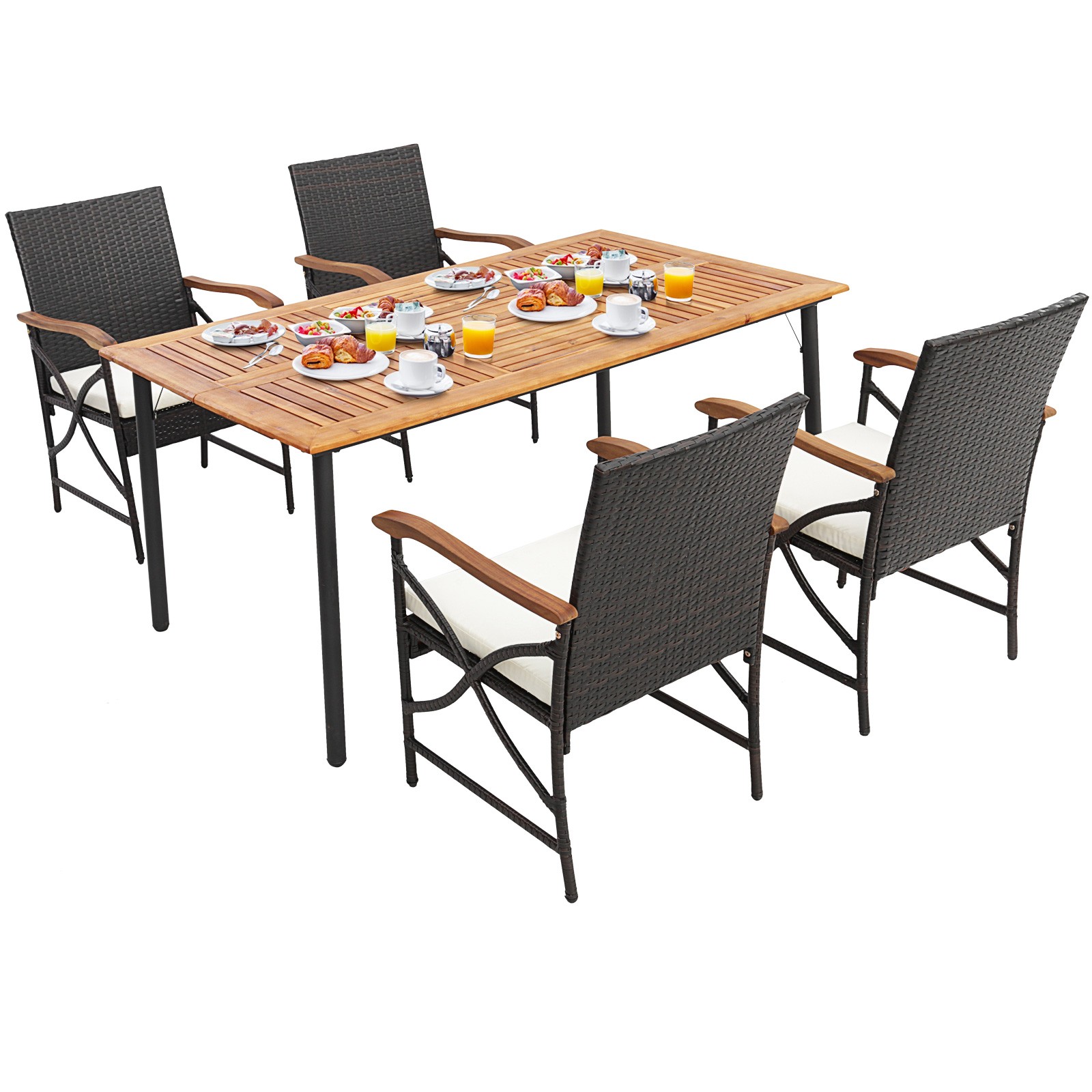 5PCS Patio Wicker Dining Set Cushion Armchairs Acacia Wood Table W/Umbrella Hole