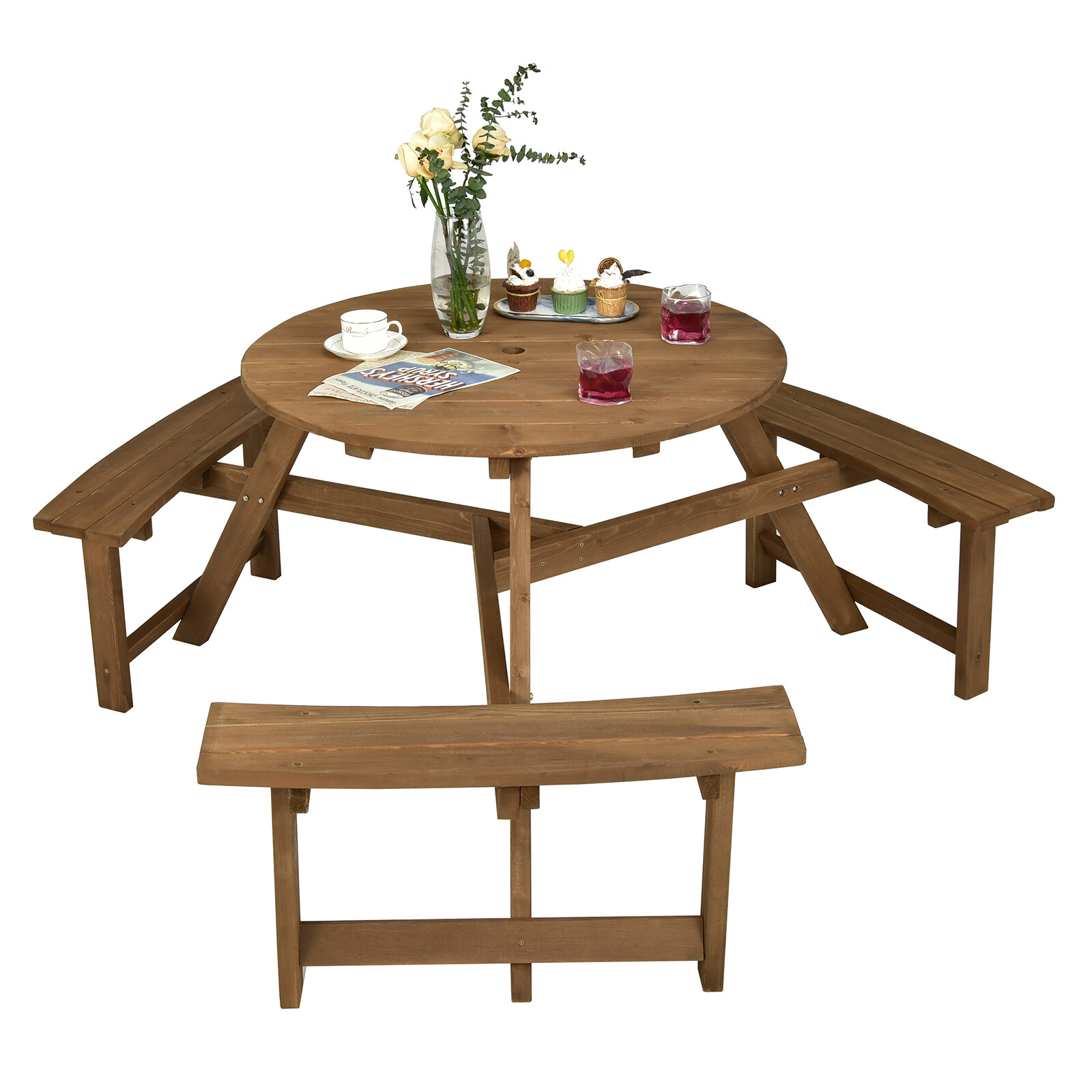 6-person Round Wooden Picnic Table Outdoor Table w/ Umbrella Hole & Benches