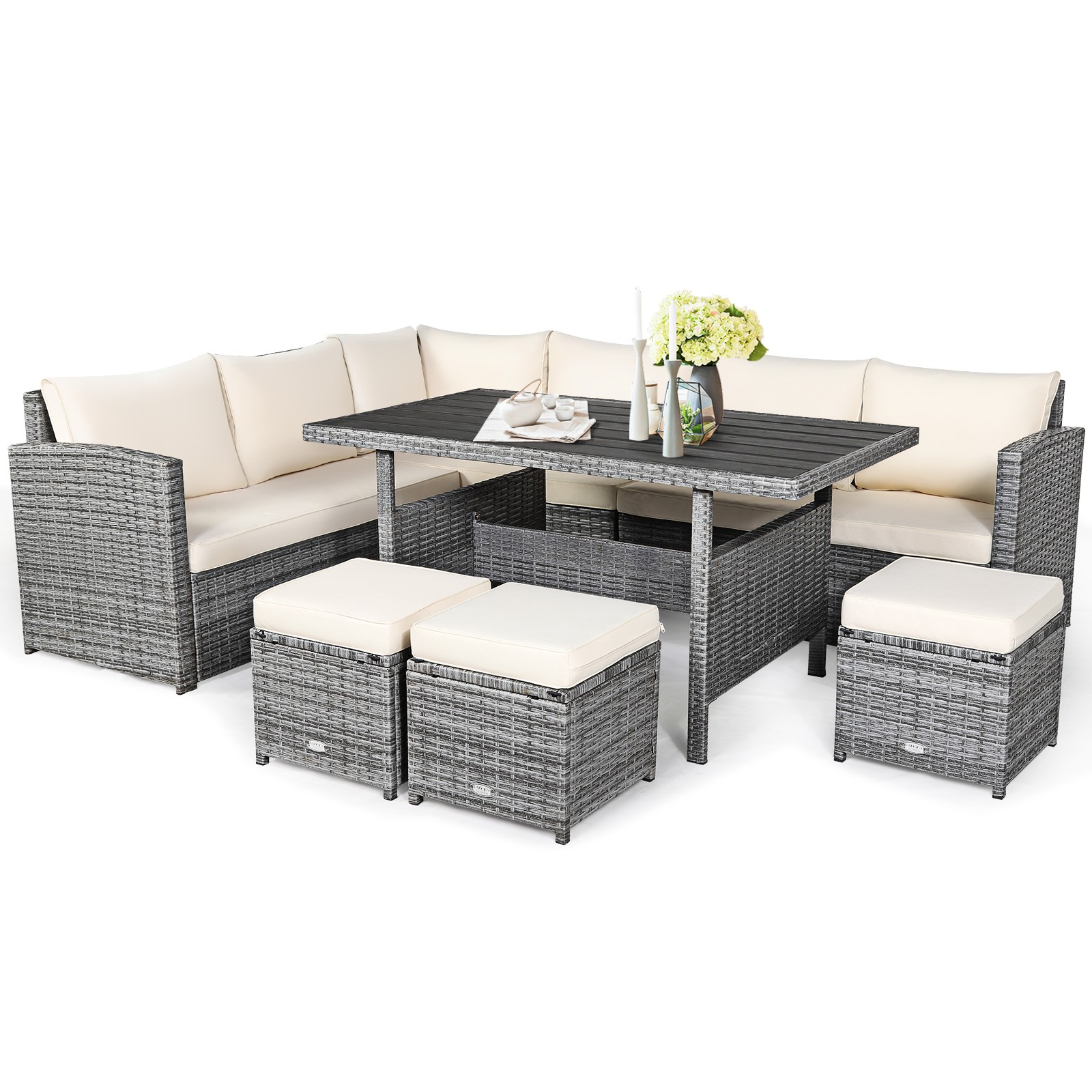 Patiojoy 7 PCS Patio Rattan Dining Set Sectional Sofa Couch Ottoman Garden White
